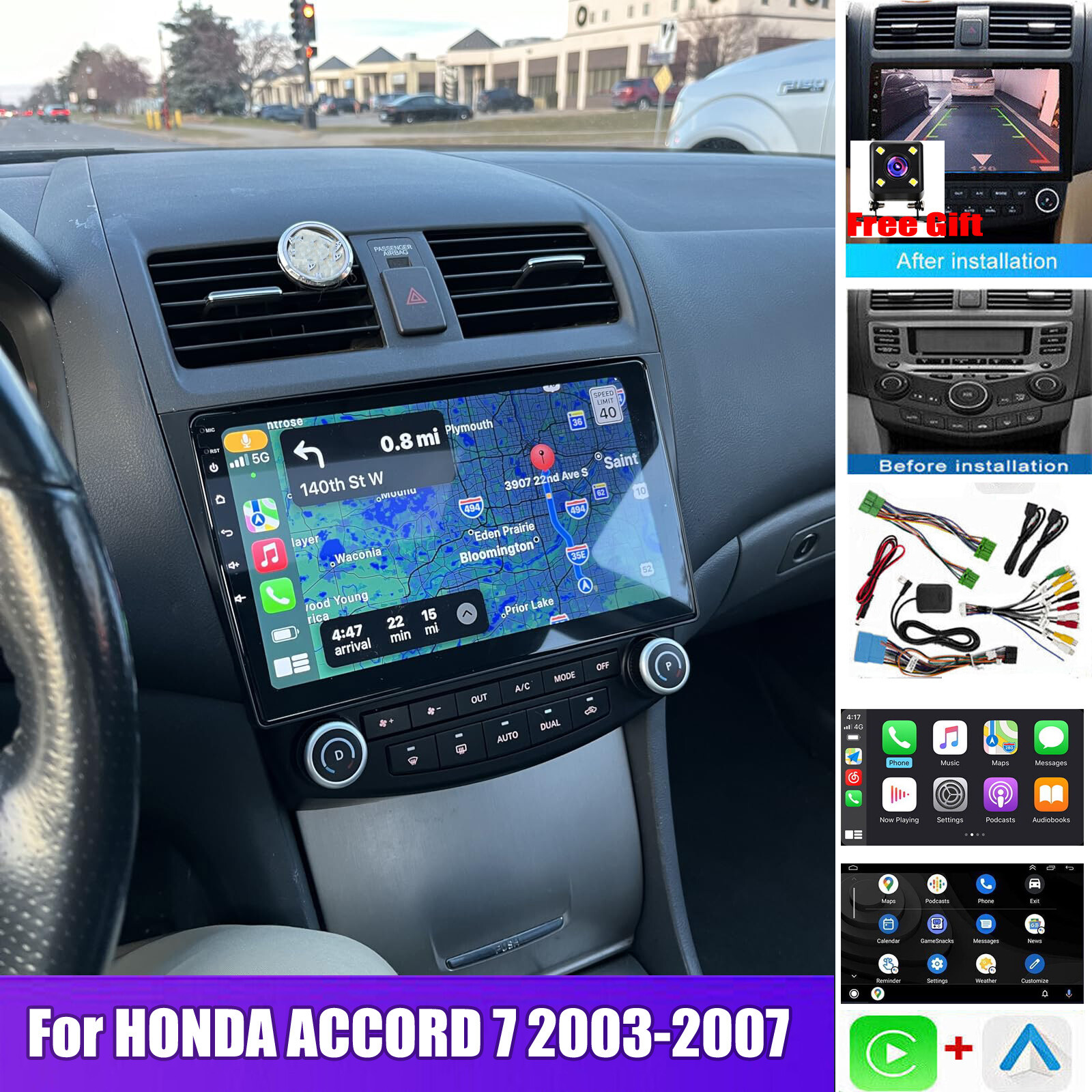 For Honda Accord 7 2003-2007 Apple CarPlay Android 12 Car Stereo Radio GPS Wifi