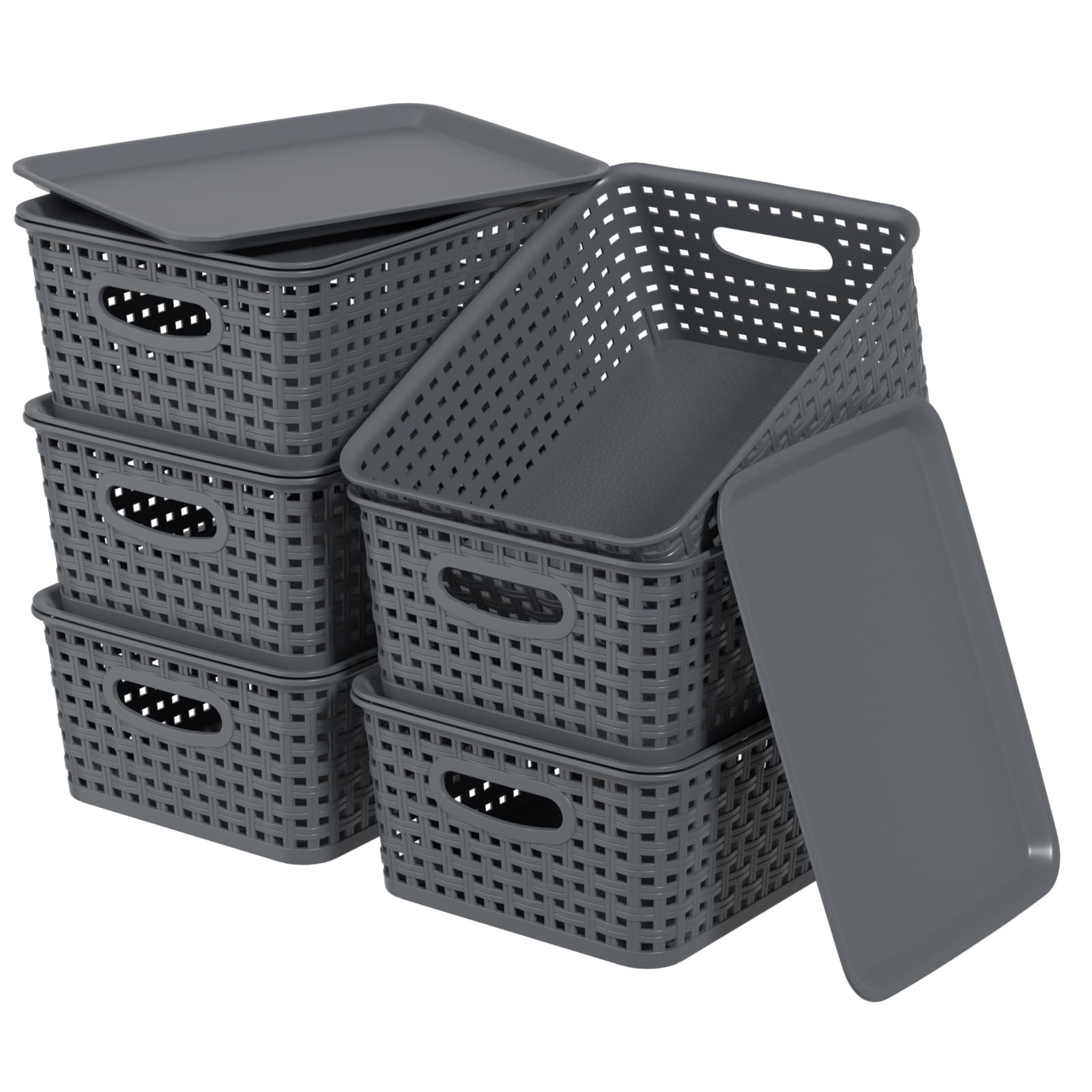6 PCS Gray Weave Lidded Storage Baskets Matching DustProof Lids Stackable Bin