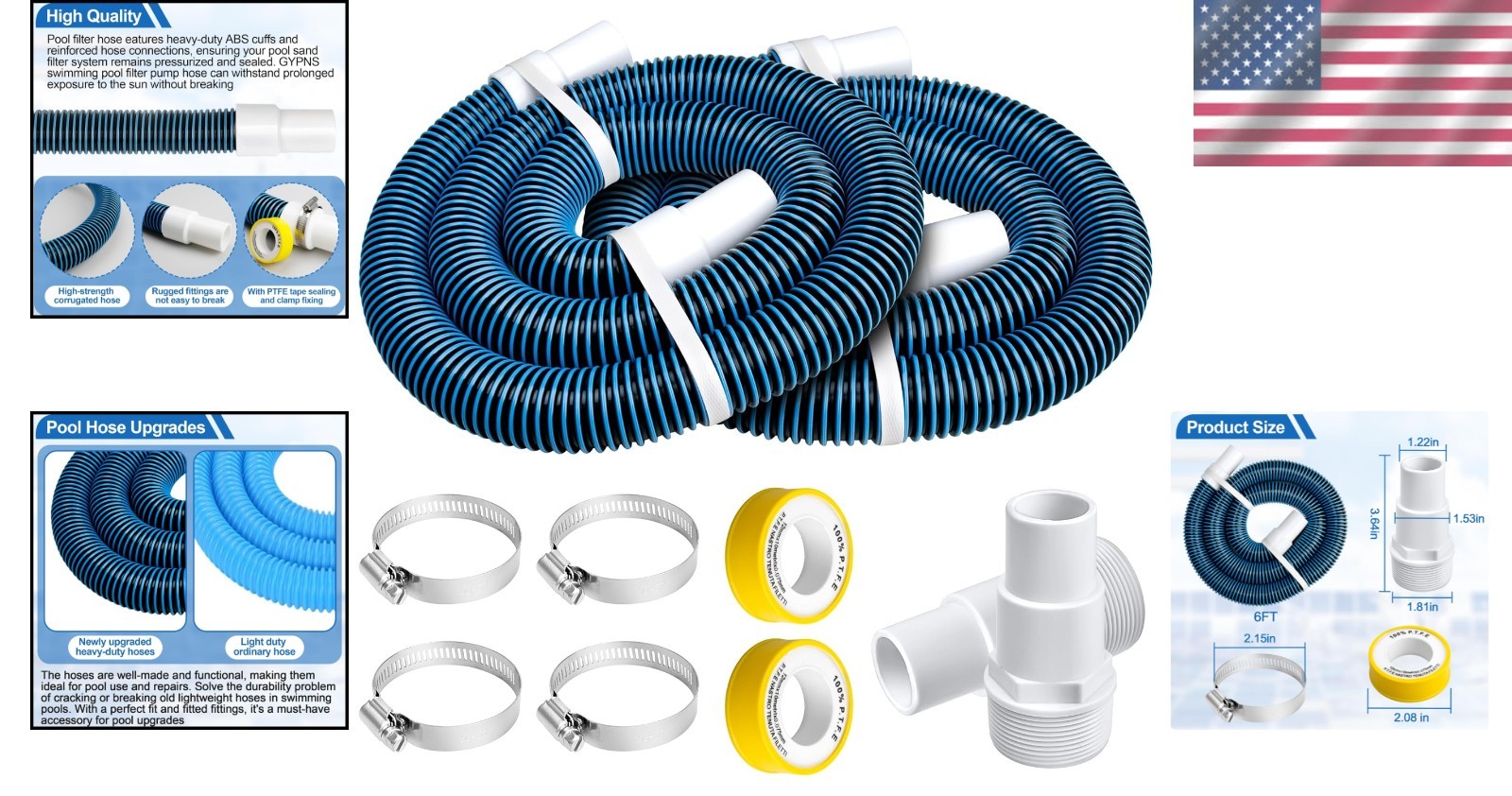 Durable 1-1/2 Inch Pool Pump Hoses for Hayward - 6 Ft Replacement Kit (2 Pack)
