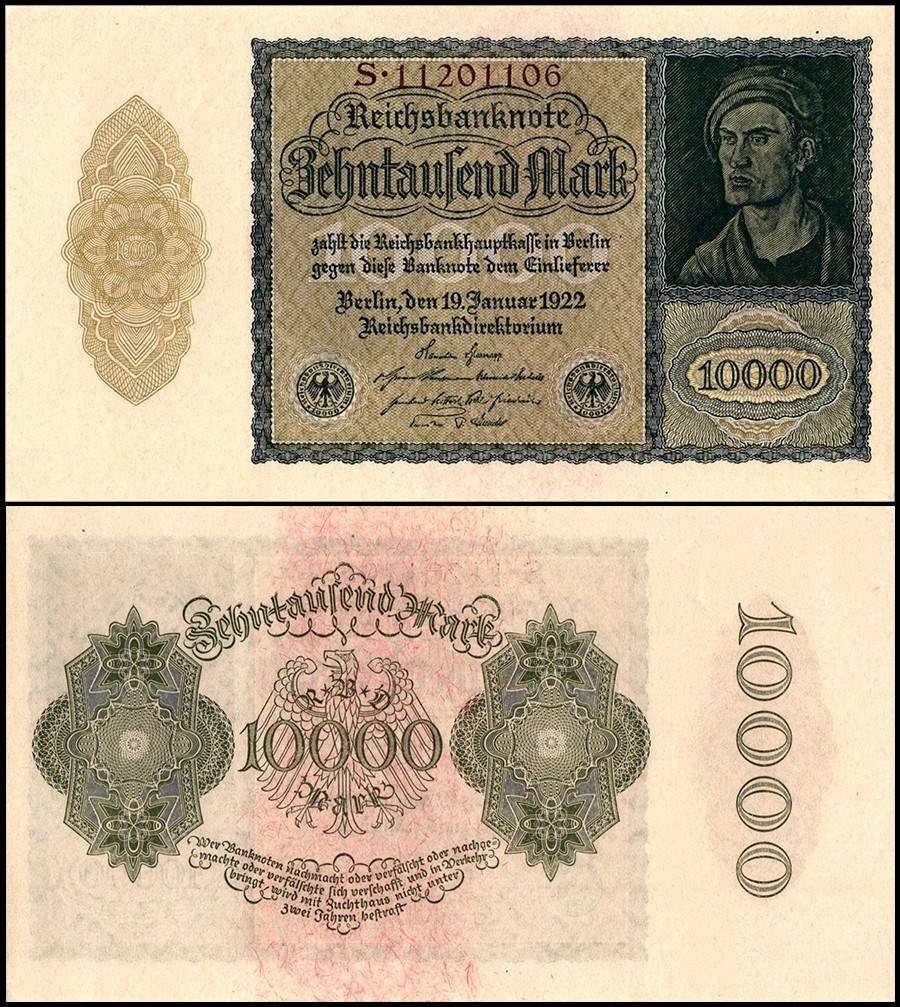 Germany 10000 Mark, 1922, P-72a.1, UNC, w/ Foxing