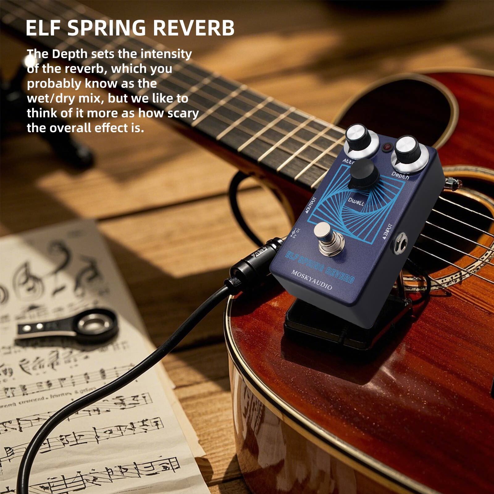 MOSKYAUDIO ELF SPRING REVERB Guitar Effect Pedal Attack/Depth Knob Slapback/Echo