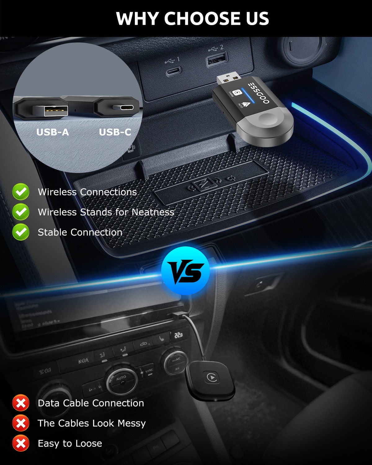 Mini Adapter Wireless CarPlay+Android Auto Adapter USB Plug & Play Navigation