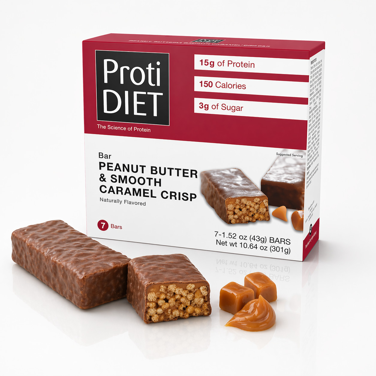 ProtiDIET Peanut Butter & Smooth Caramel Crisp Protein Bars, High Fiber 7ct