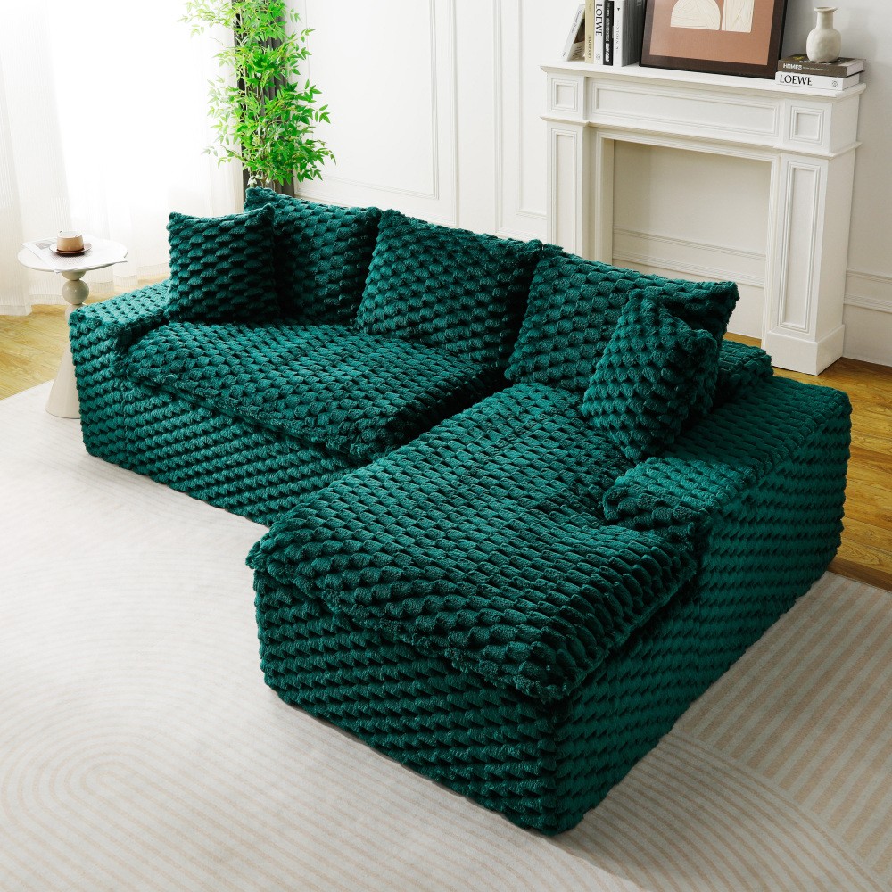 Green Velvet Convertible Sofa w/ Chaise Lounge - L-Shape Couch for Living Room