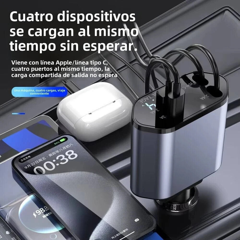 NUEVO Cable Retractil Cargador de Coche Adaptador Carga Rapida USB-C PD 4 in 1