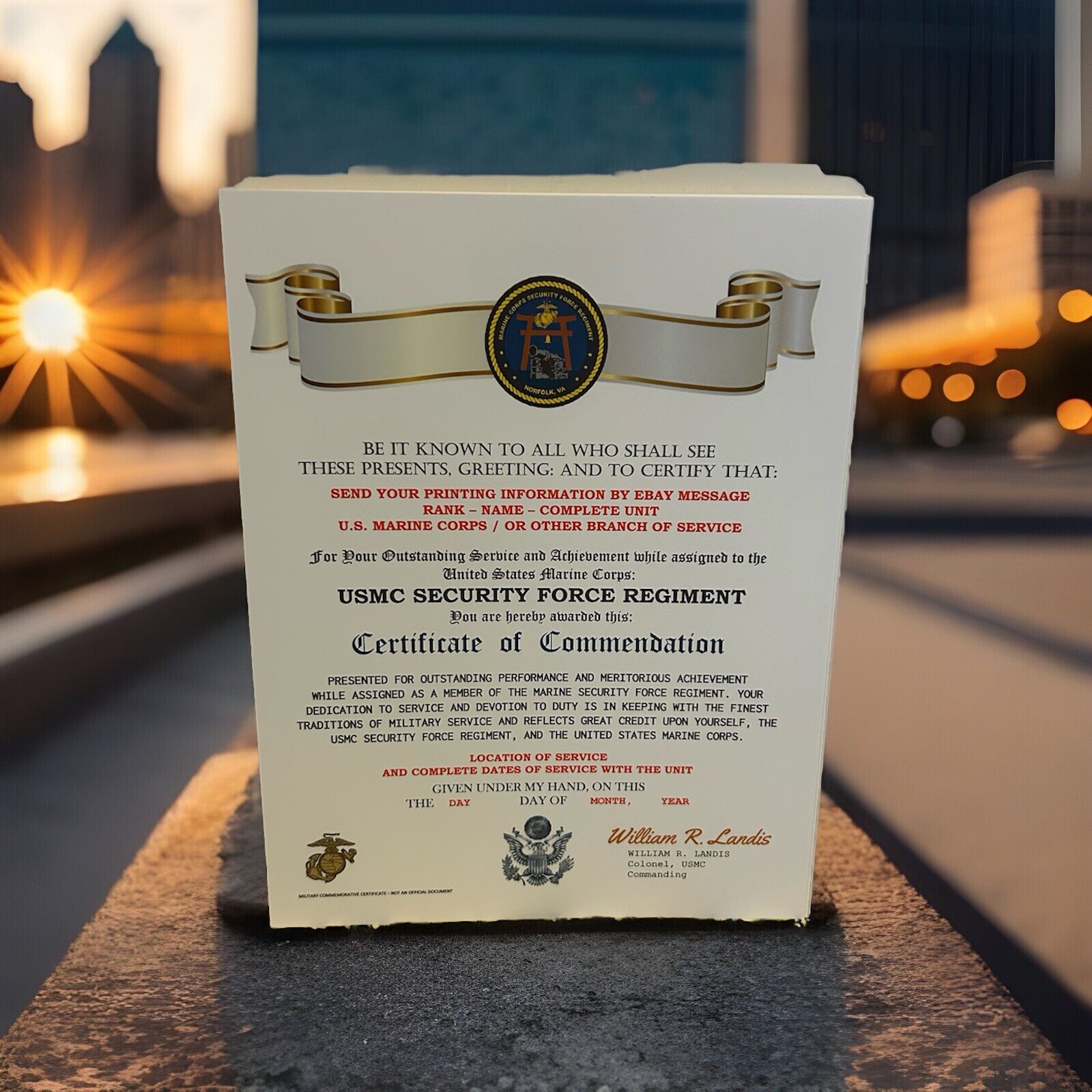 U.S. MARINE CORPS / USMC SECURITY FORCE REGIMENT - CERTIFICATE OF COMMENDATION