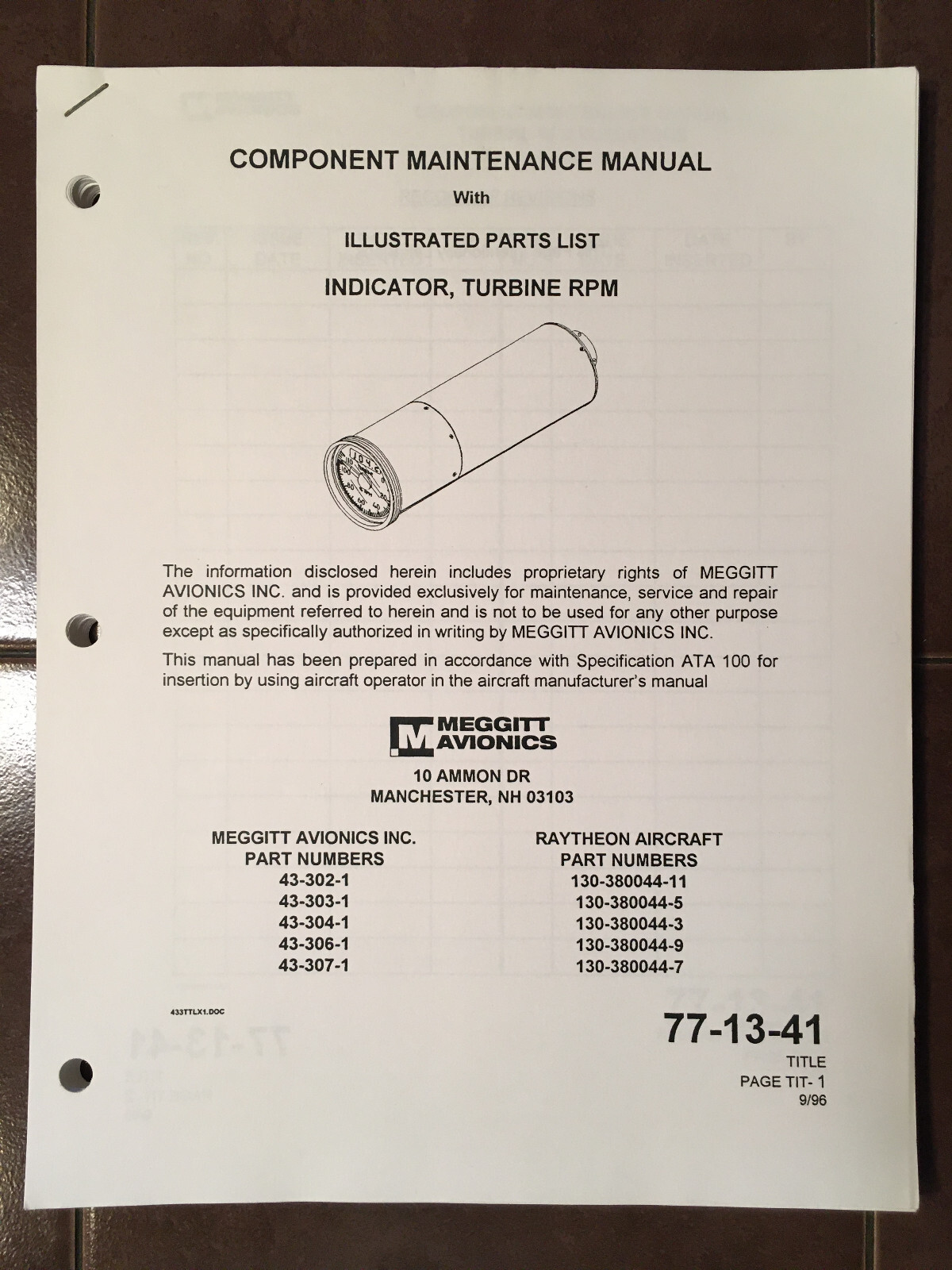Meggitt Turbine RPM Ind.  43-302, 43-303, 43-304, 43-306, 43-307 Service-Parts