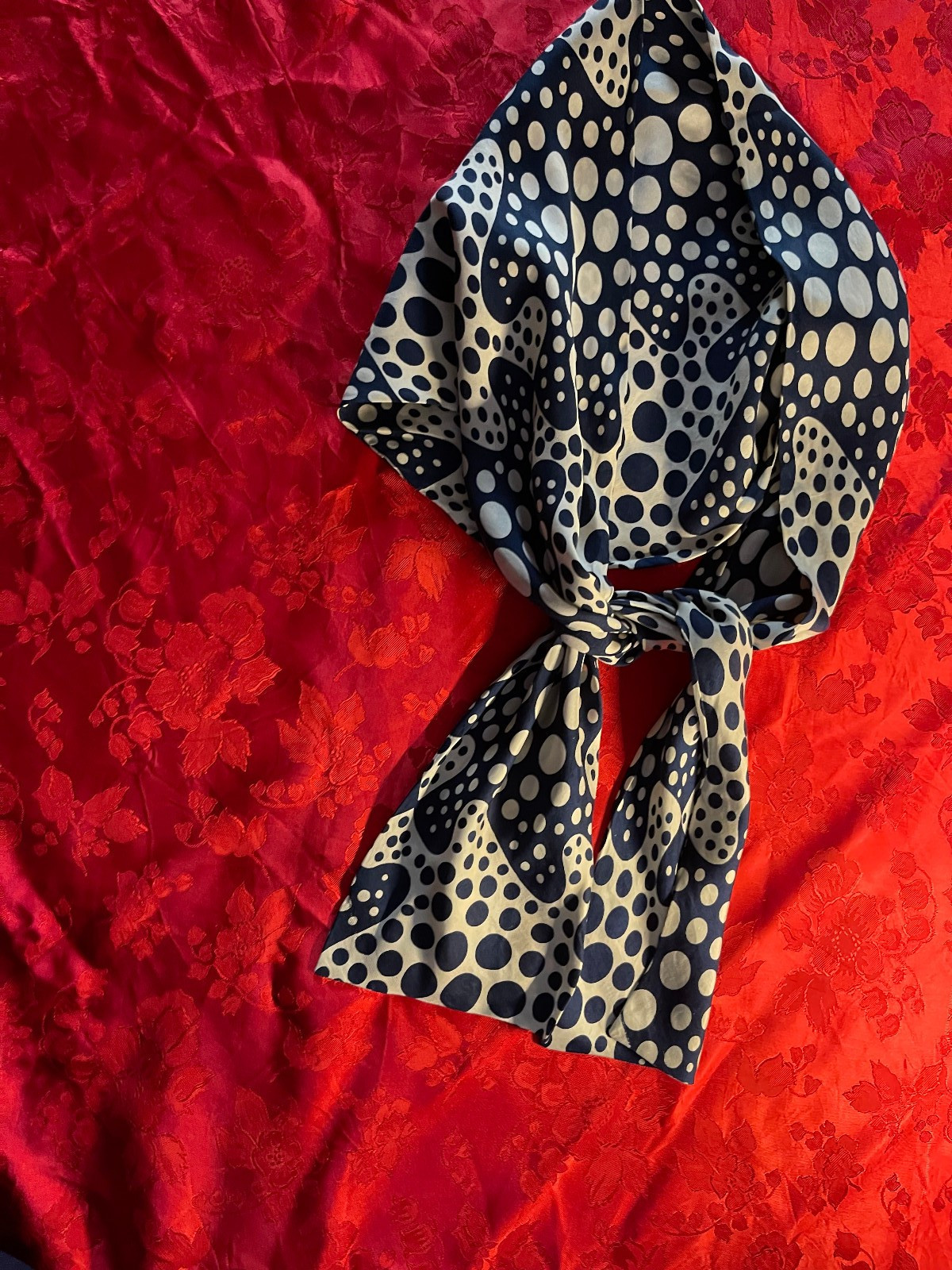 Silk Scarf Reversible Navy and Cream Polka Dot Patterns