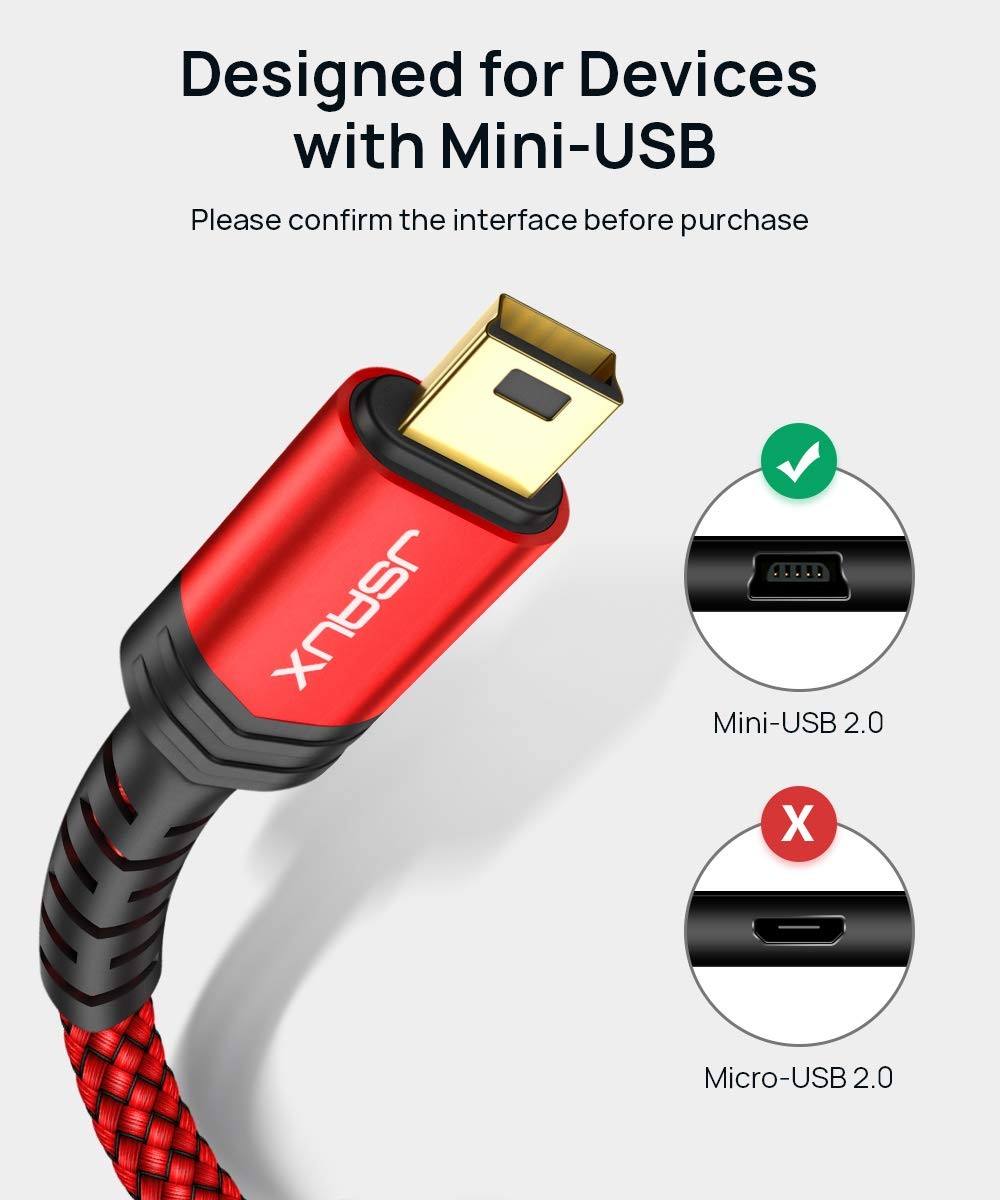 JSAUX Mini USB Cable[2-Pack 3.3ft+6.6ft], 2.0 Type A 3.3 ft + 6.6 ft, Red
