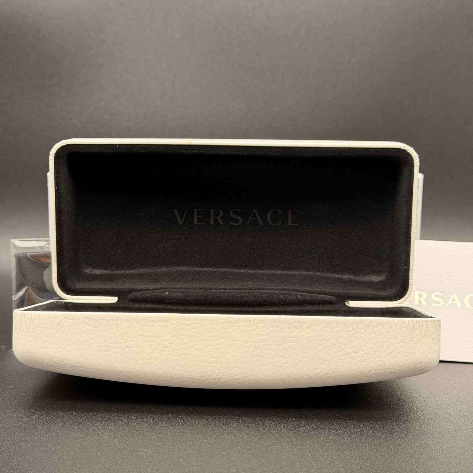 Versace White Leather Sunglasses Case Complete Set Box Cloth Card AUTHENTIC