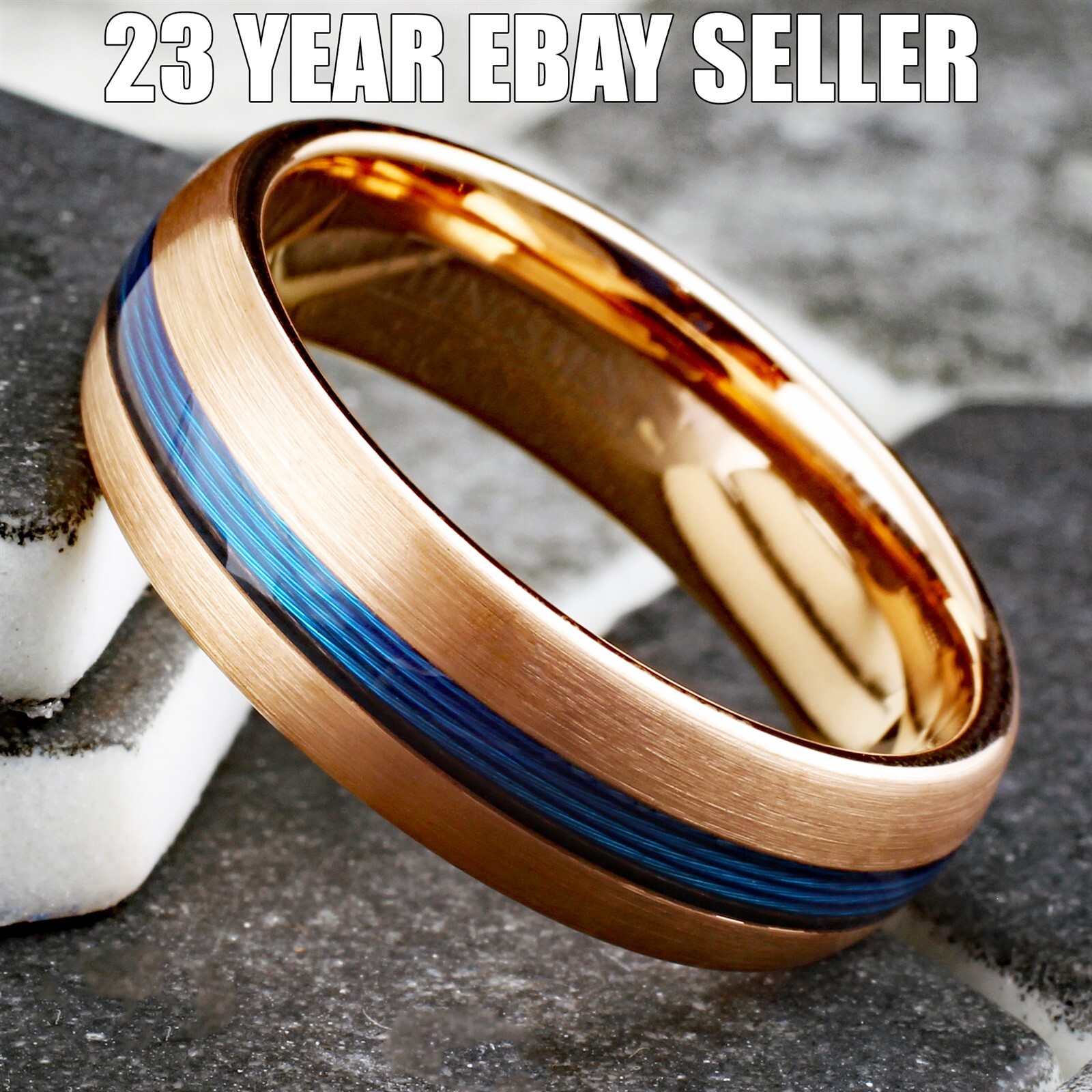 Tungsten Carbide Blue Fishing Line 7mm Brushed Band - Black or Rose Gold Plated