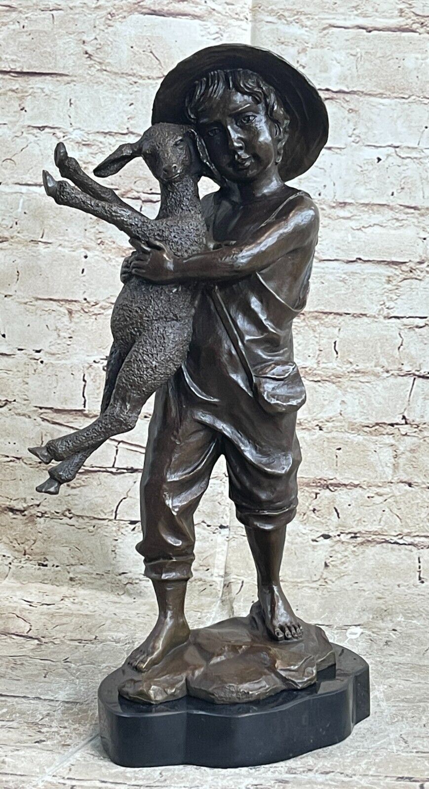 38 CM Western Art Deco Bronze Boy Farmer Sheep Home Ornament Art Sculpture Deal