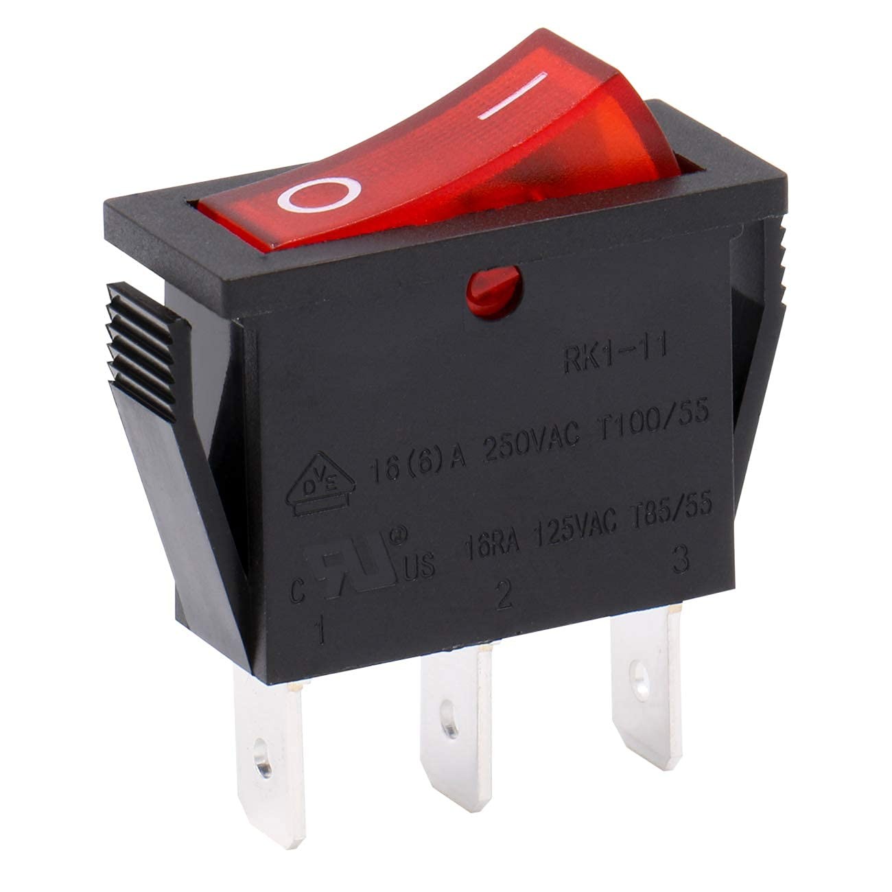 Rocker Switch ON-Off SPST 3 Terminals Red Light 16A 250VAC 5Pack