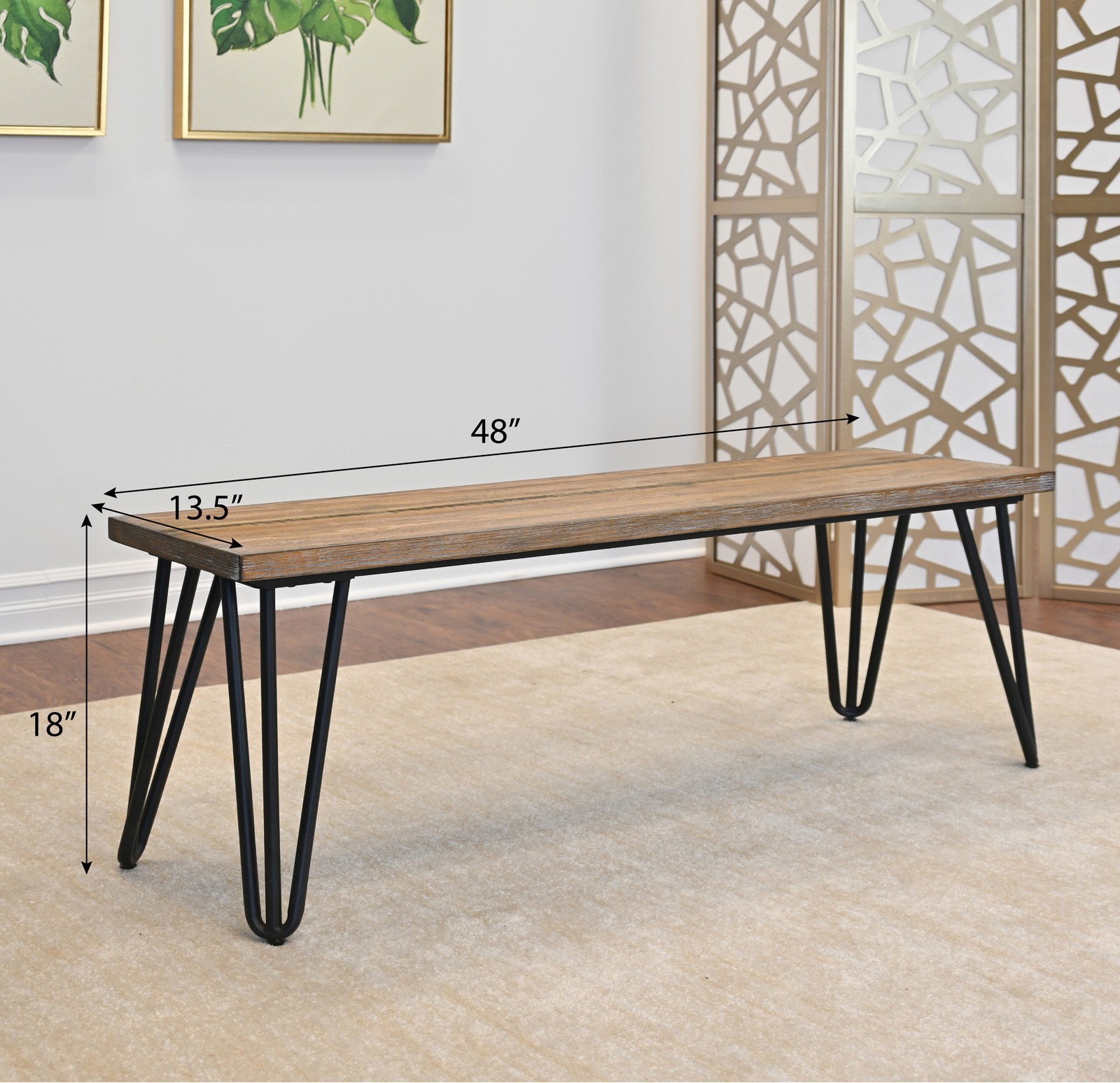Industrial Wood Dining Bench, Rustic Dark Pine Finish, Table Bench with Legs