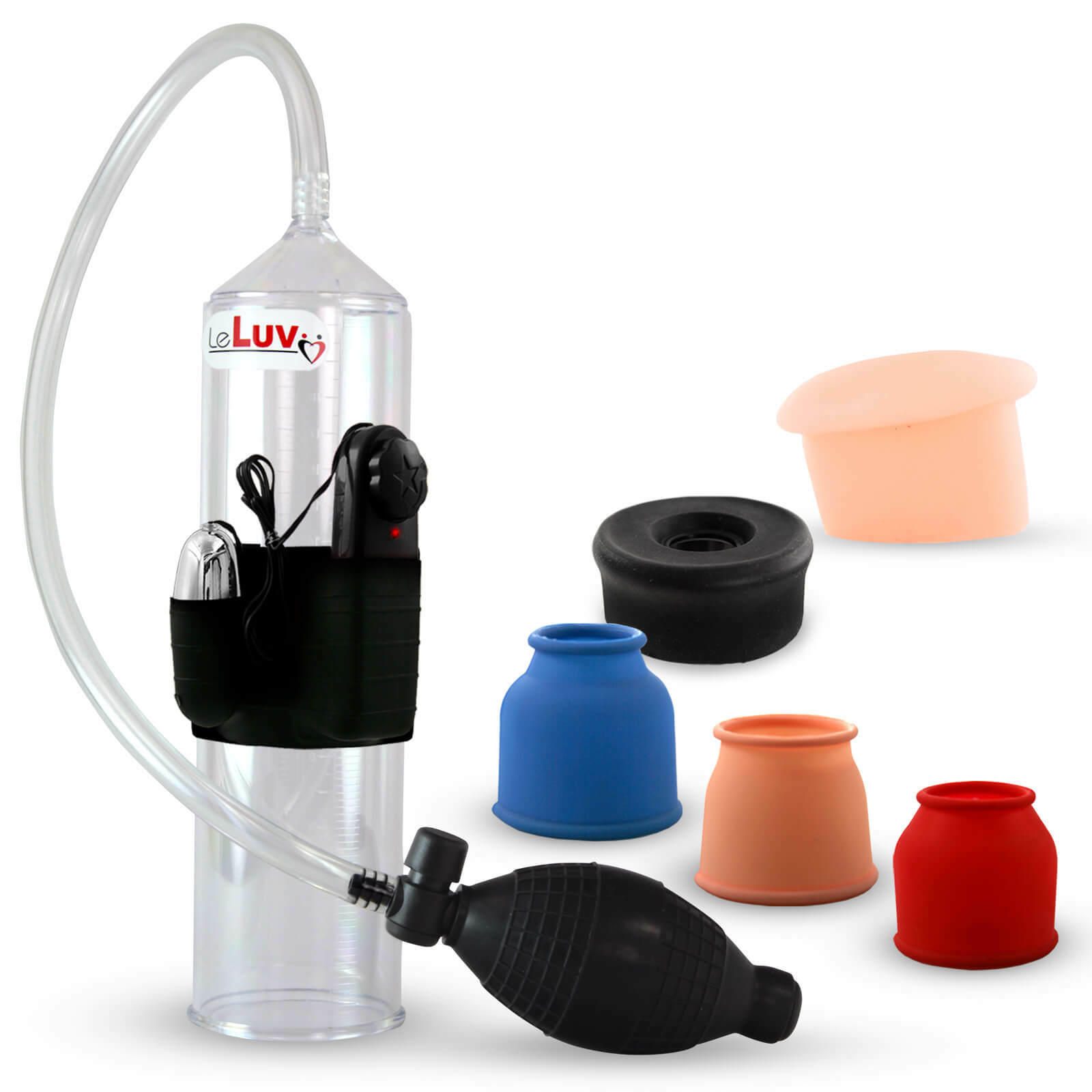 LeLuv Vibrating Penis Pump EasyOp Bgrip with 3 Sleeves, Black, Donut Seals
