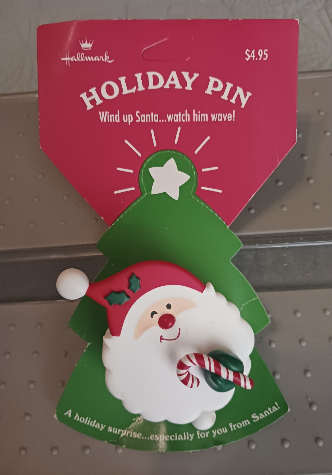 HALLMARK CANDY CANE WINKING SANTA WATCH HIM WAVE WIND-UP PIN NOC XLP5195 (C50)