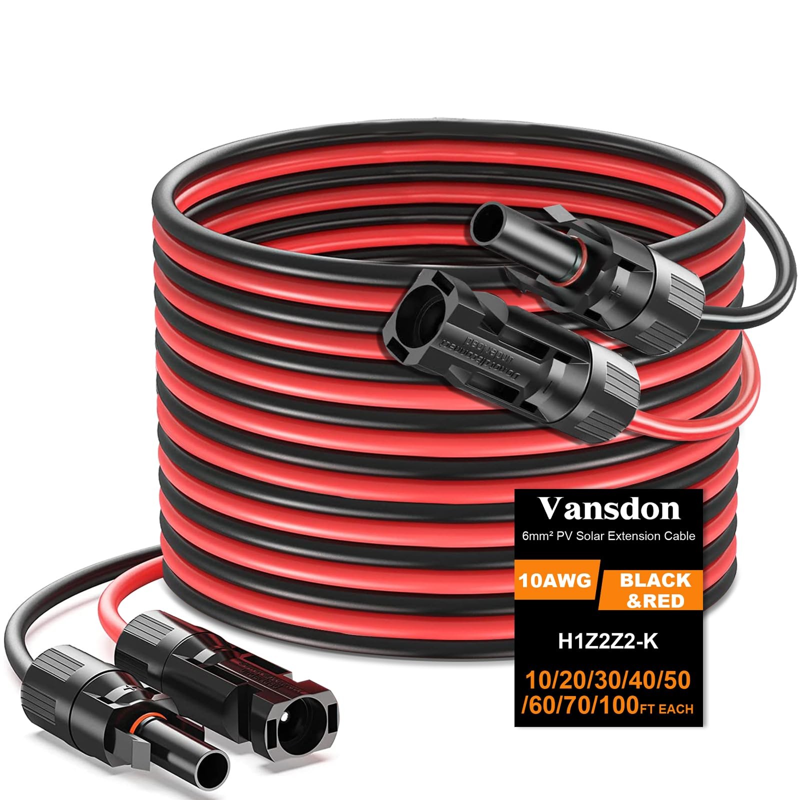 2x50 Feet Solar Panel Extension Cable- 10AWG Solar Cable Solar Panel Cable wi...
