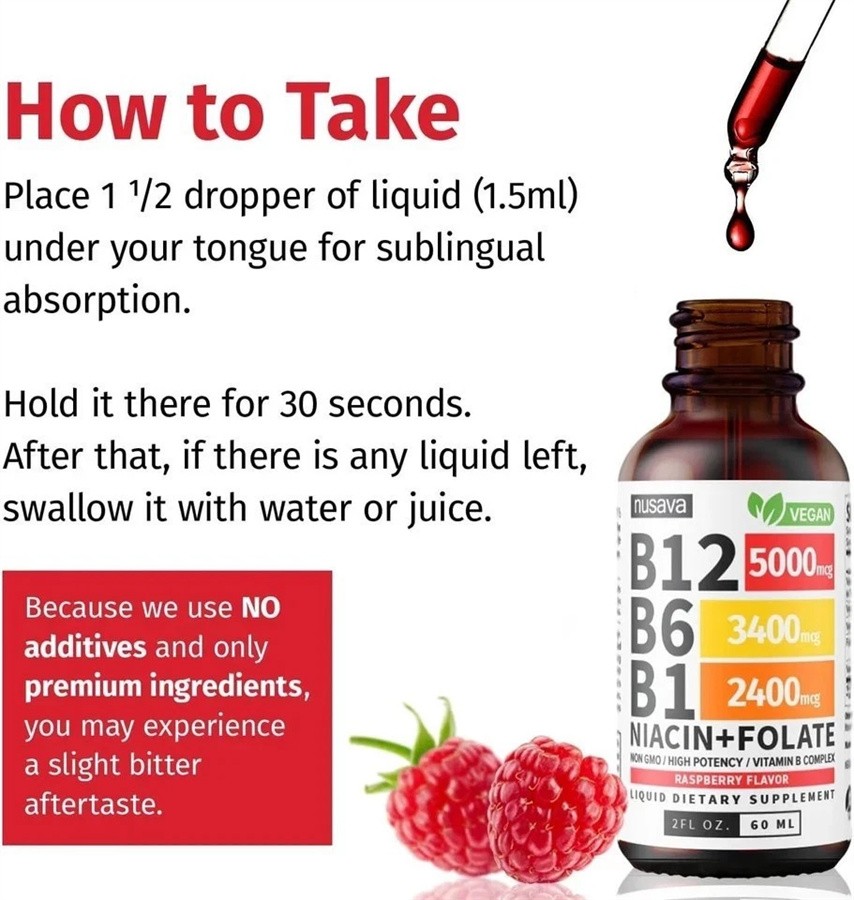 Vitamin B12 Liquid Supplement Dropswith B6, B1, Niacin & Folate -Edible Support