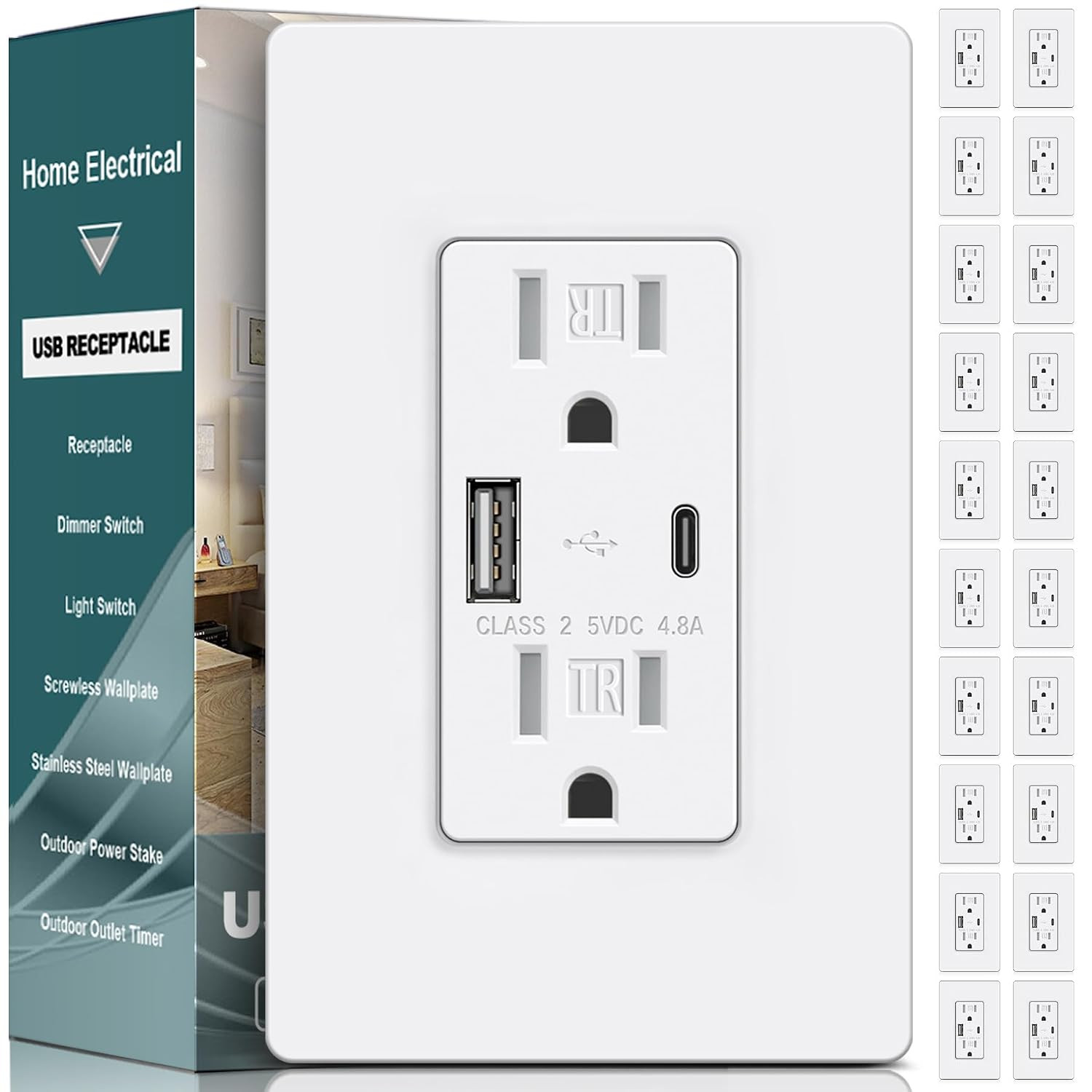 20 Pack USB Outlet, 15 Amp Wall Outlet with USB Ports, UL Listed | 4.8A/24W USB