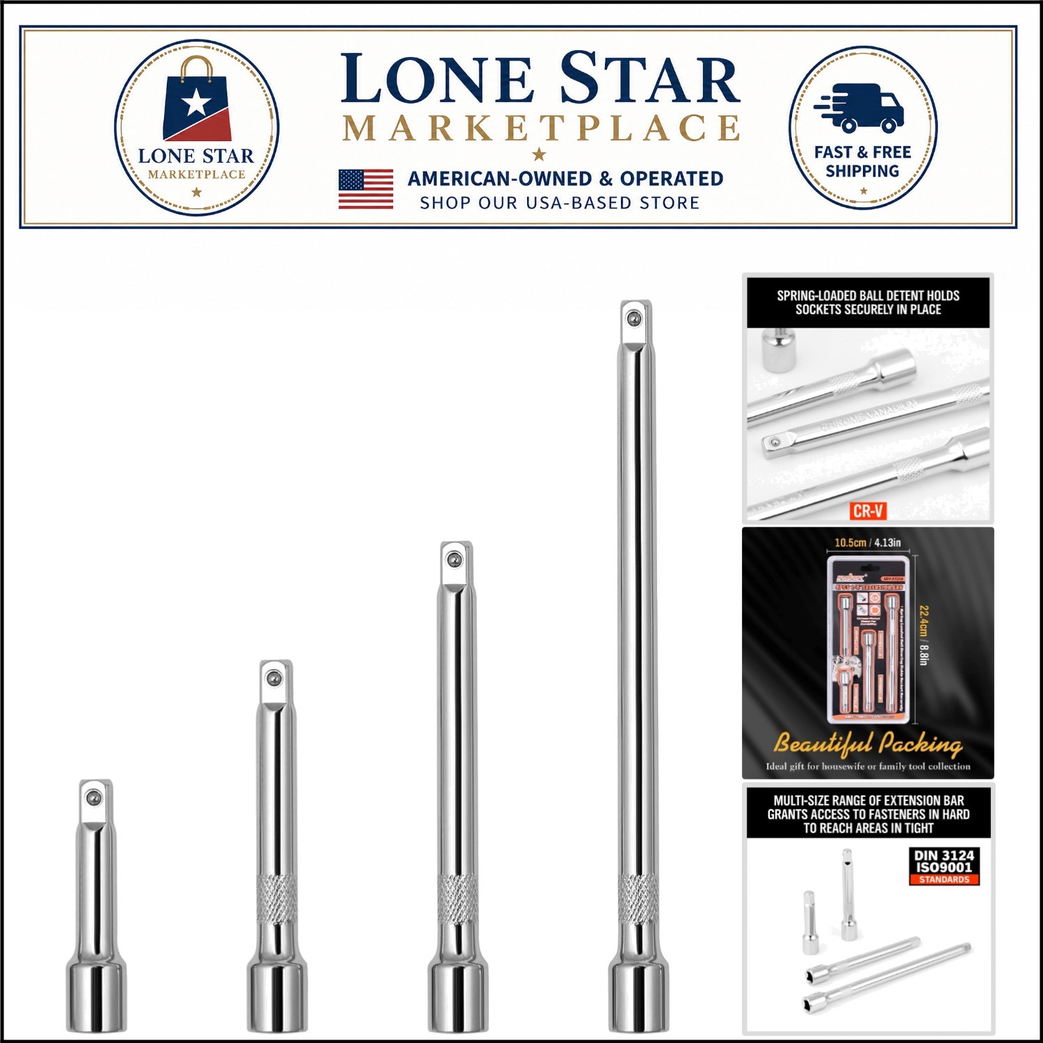 4-Piece 1/4" Socket Extension Set - Chrome Vanadium Steel Durability