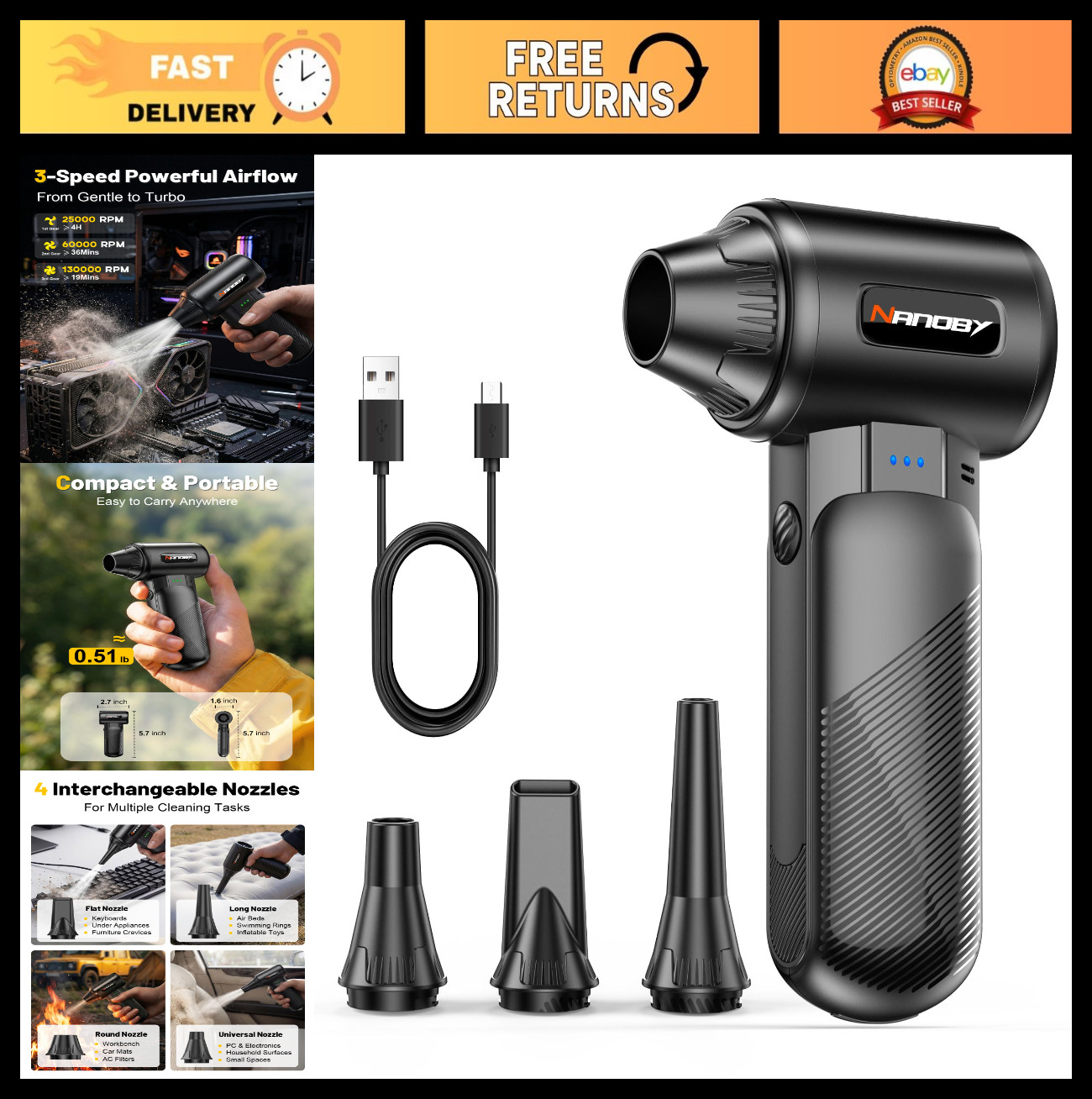 Compressed Air Duster 130K RPM, 3-Speed Electric Mini Blower, Rechargeable, Cord