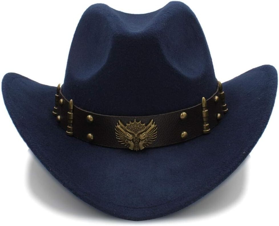 Navy Blue Western Cowboy Cowgirl Hat, Revolver Gun Bullet Strap, Men Women
