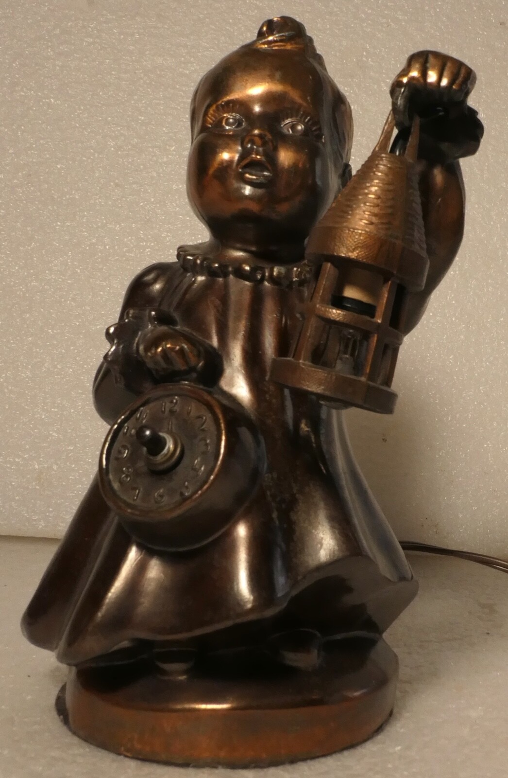 VINTAGE BRONZE LAMP CHILD HOLDING CLOCK AND LANTERN 1950'S