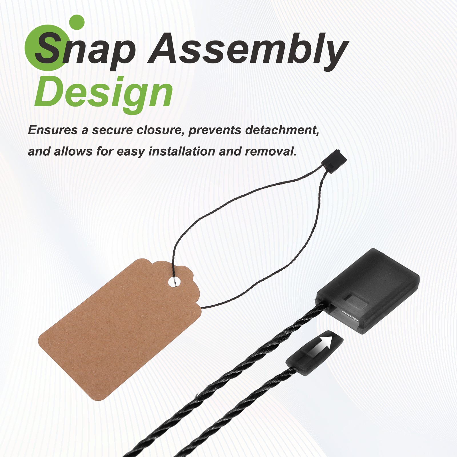 1000pcs Polyester Hang Tag String (9.1") - Plastic Snap Lock Pin Loop Black