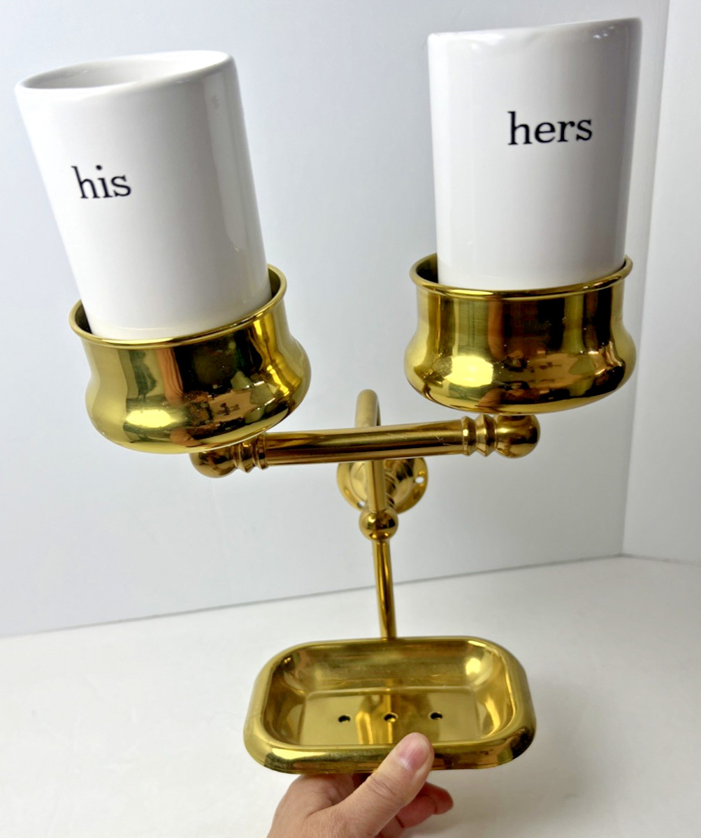 Brass & Ceramic his & hers Cups & Soap Dish Bathroom Fixture Wall Mounted