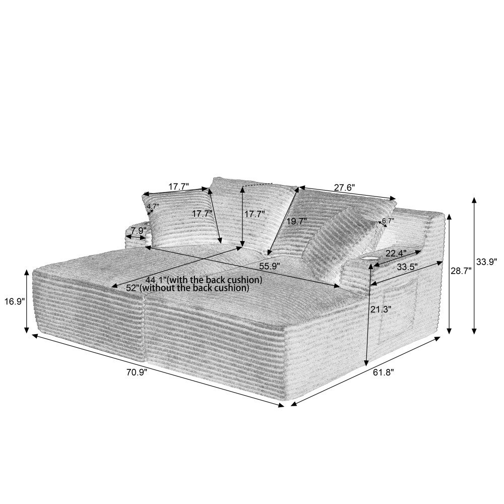 Light Gray Corduroy Compressible Double Chaise Sleeper Sofa with Cup Holders