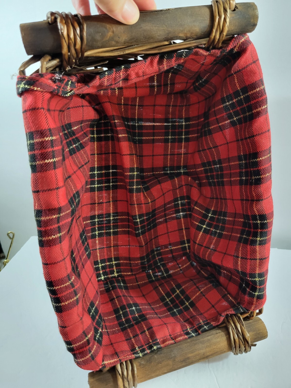 Wicker Basket Red Plaid Liner Rectangle Handles