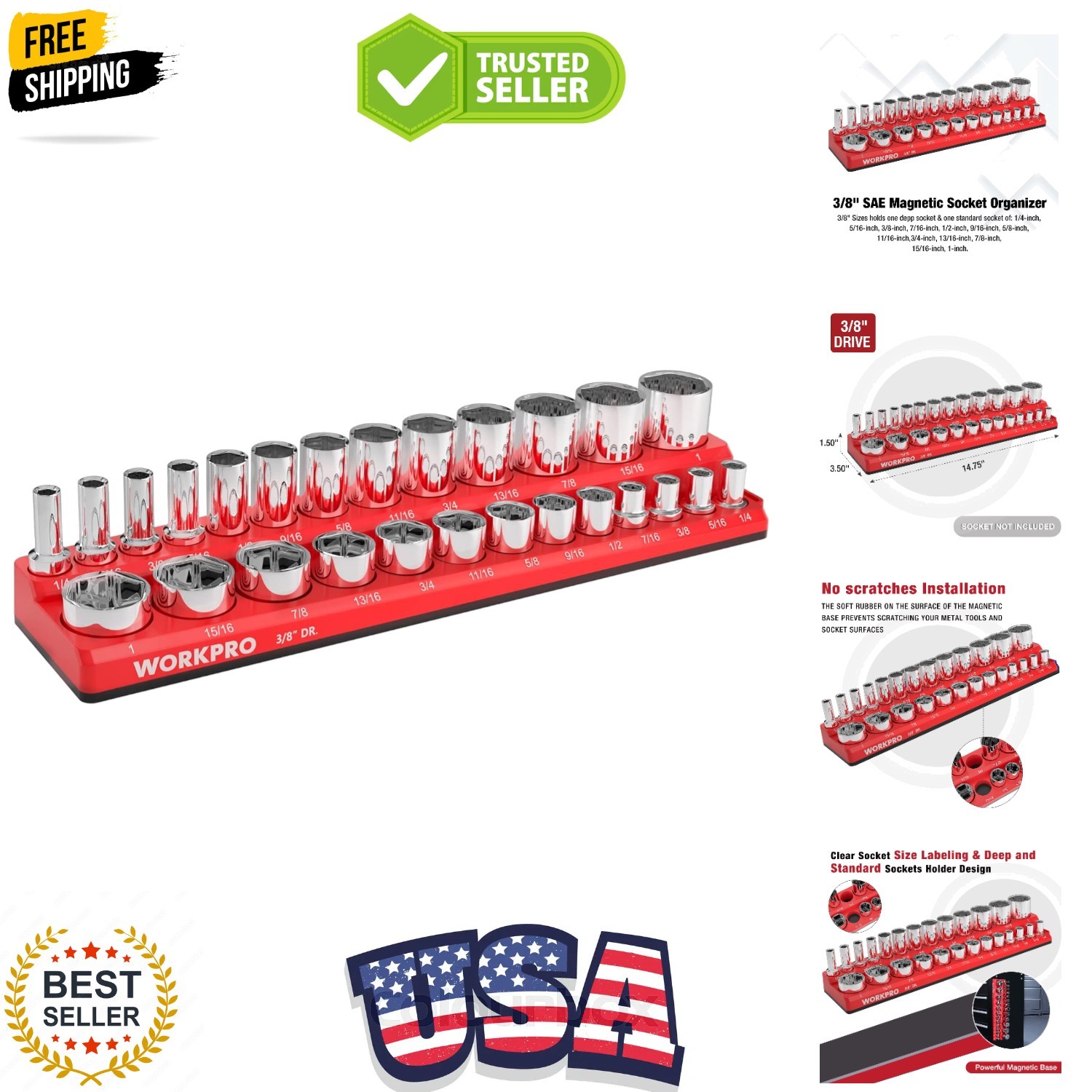 Magnetic Socket Organizer, 3/8-Inch SAE Socket Holder | Hold 26-Piece Sockets...