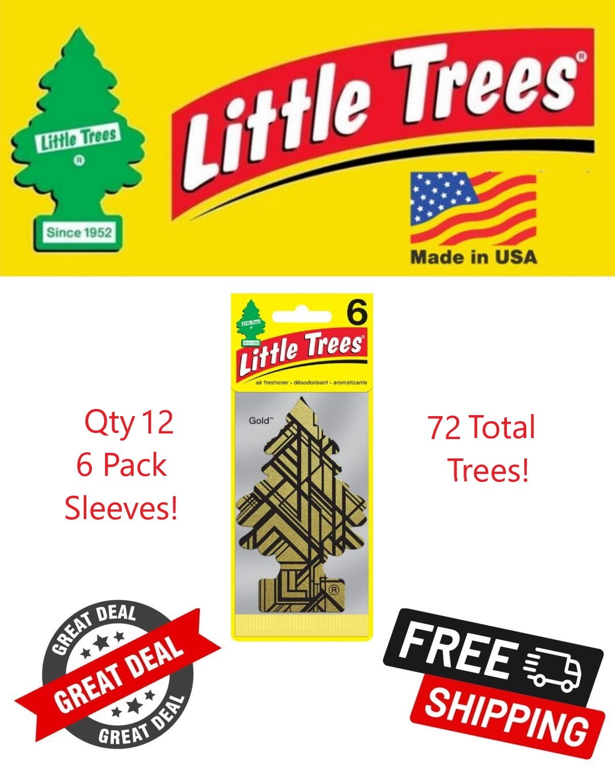 Little Trees 60210 Gold Scented Hanging Air Freshener for Car & Home 72 Pack!