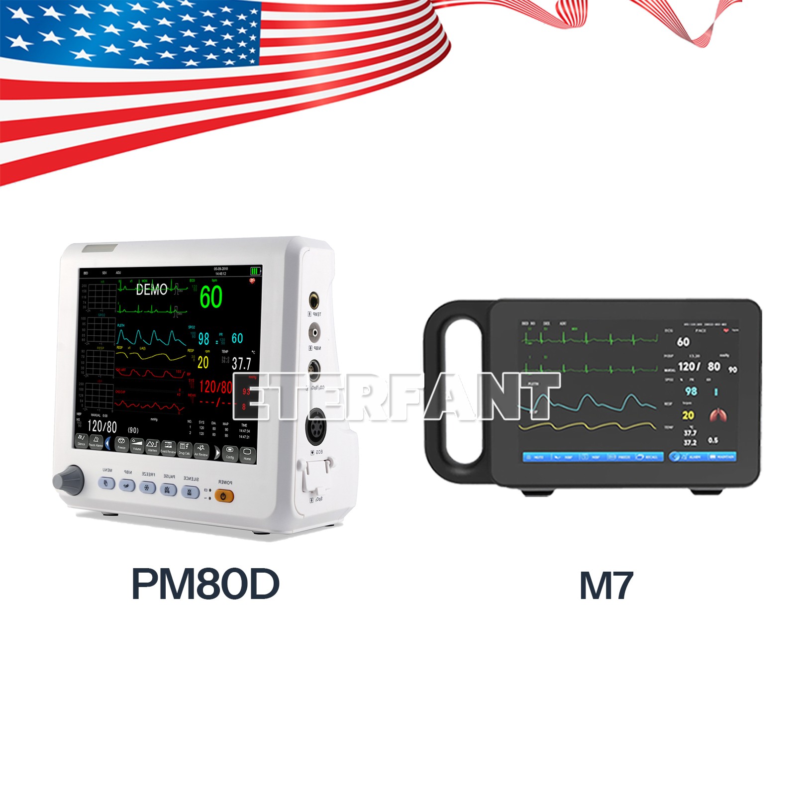 7/8 inch Patient Monitor Portable Vital Sign For ECG,NIBP,RESP,TEMP,SPO2,PR