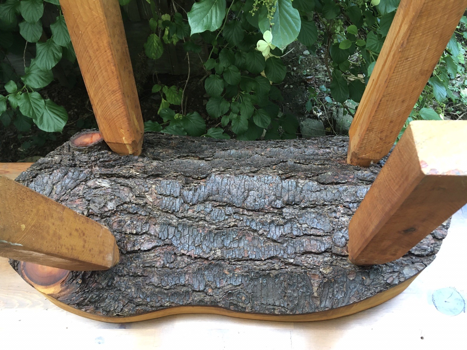 Vintage Handmade Primitive Wooden Log Bench Coffee Table w Bark Underside