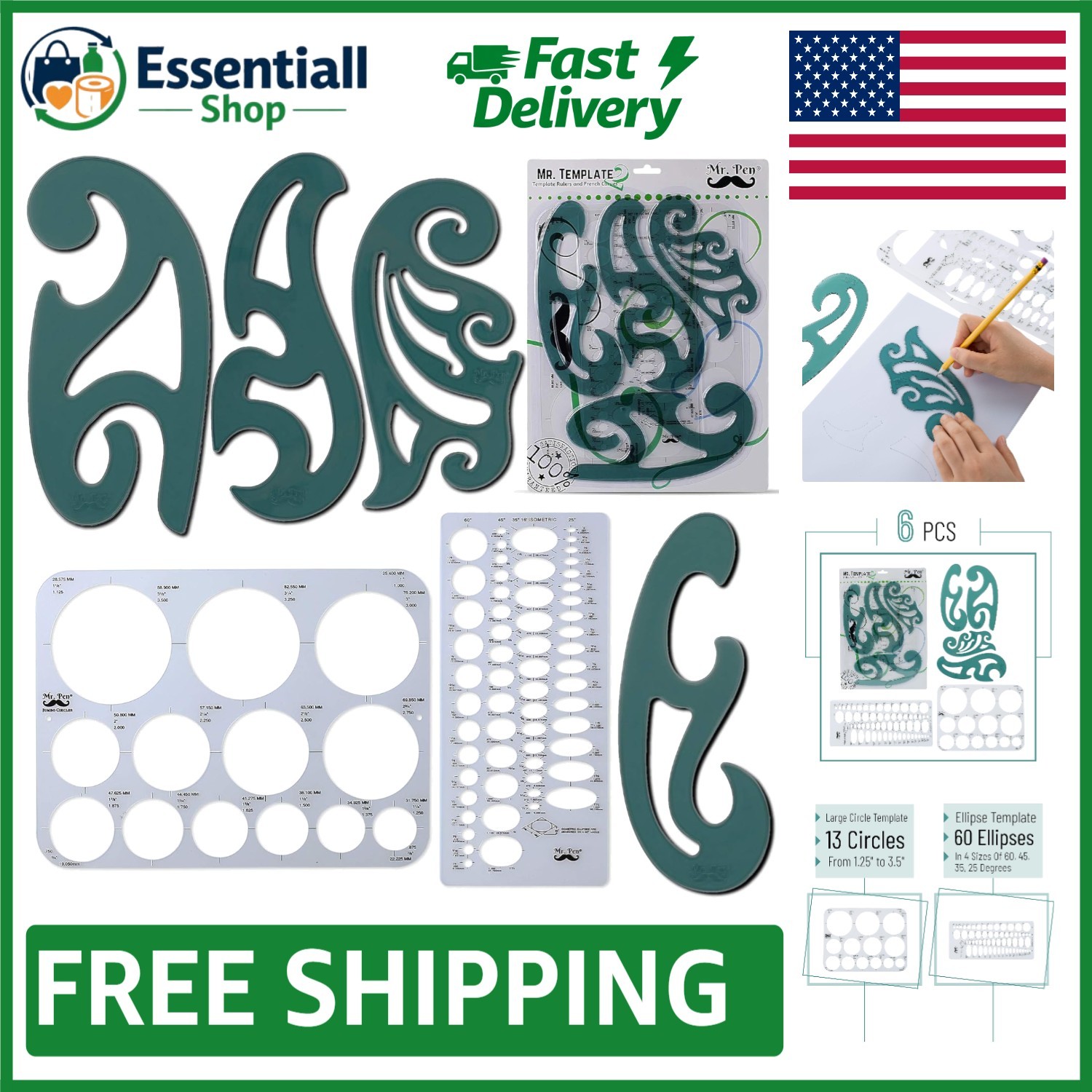Precision 6-Piece French Curve & Circle Templates for Architects and Artists