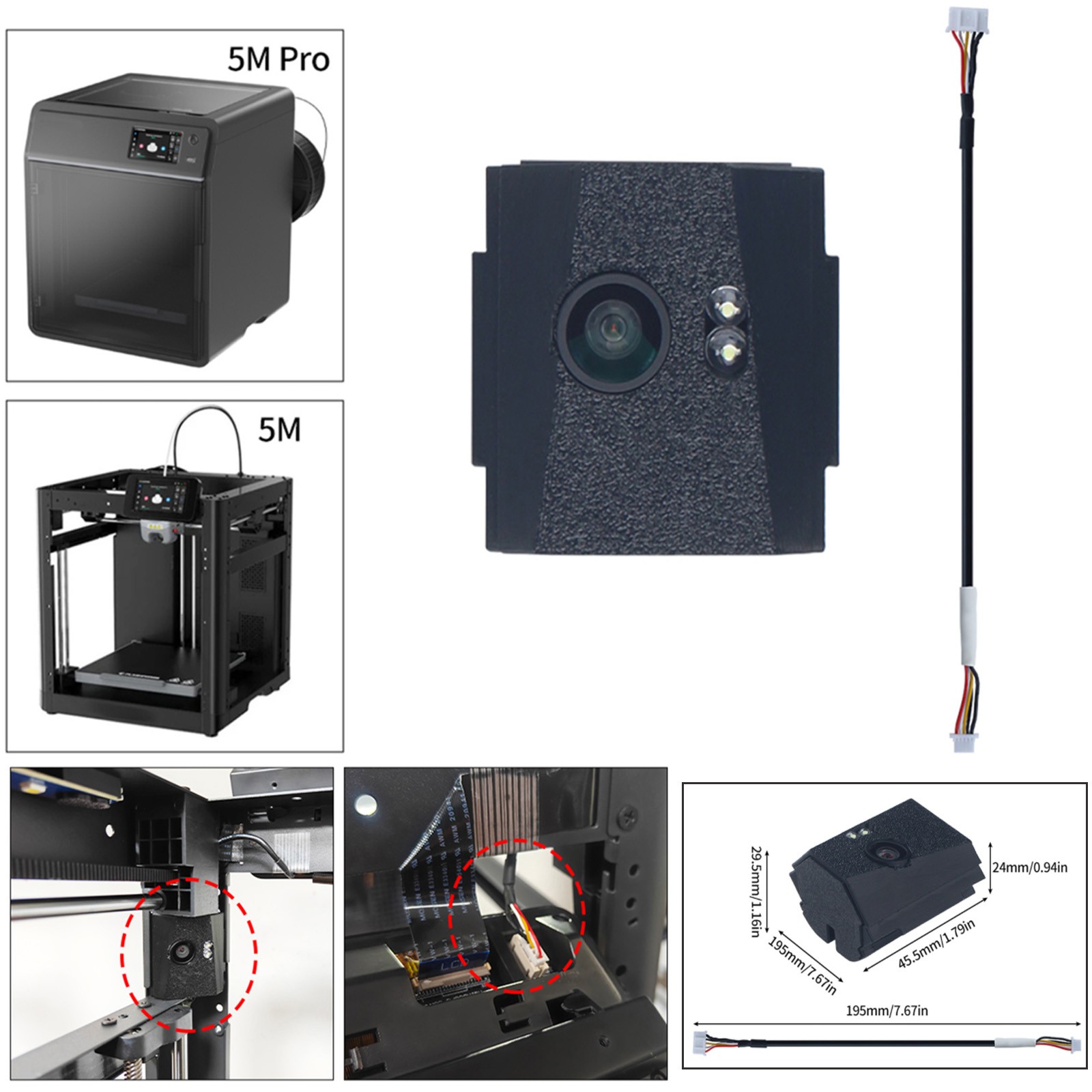 For Flashforge Adventurer 5M/ 5M Pro 3D Printer Camera Assembly & Extension Cord