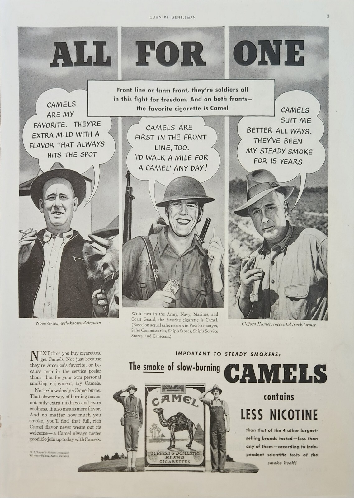 1942 Camel Cigarettes Vintage Ad all for one Noah Green Clifford Hunter