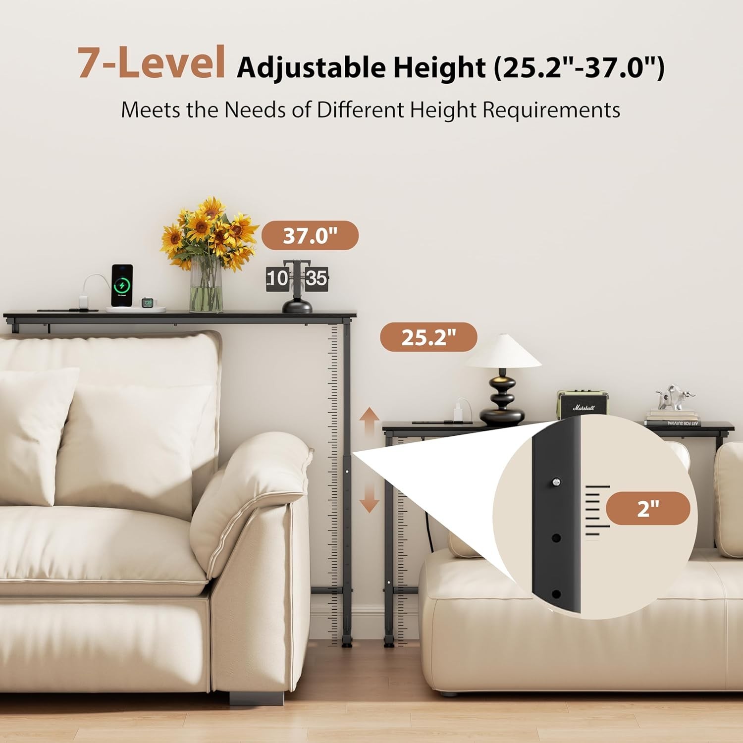 45" Adjustable Height Narrow Console Table W/ Power Outlets Long Sofa Table