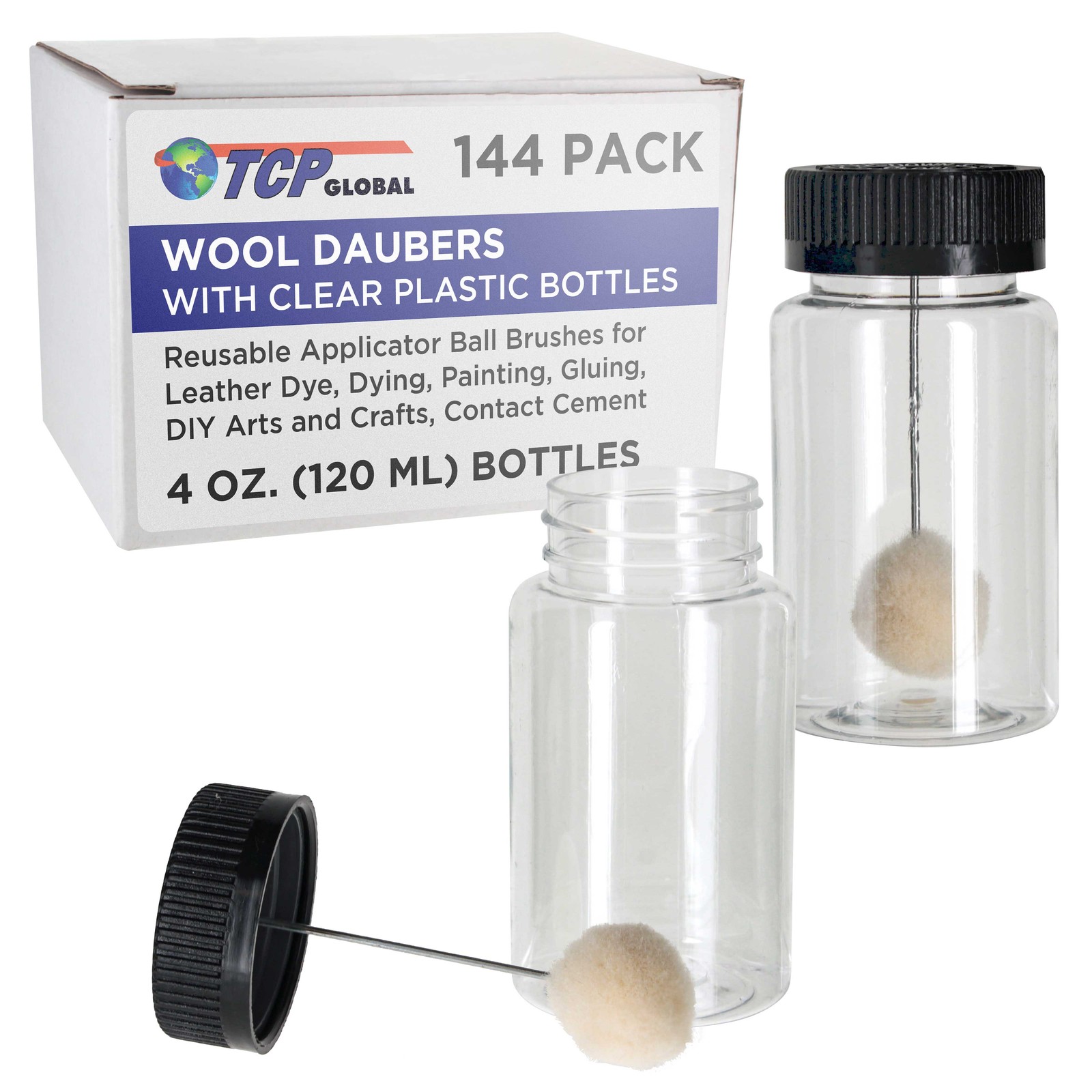 Wool Daubers with Clear Plastic Bottles, 144-Pack, 120ml Safety Lids Ball Brush