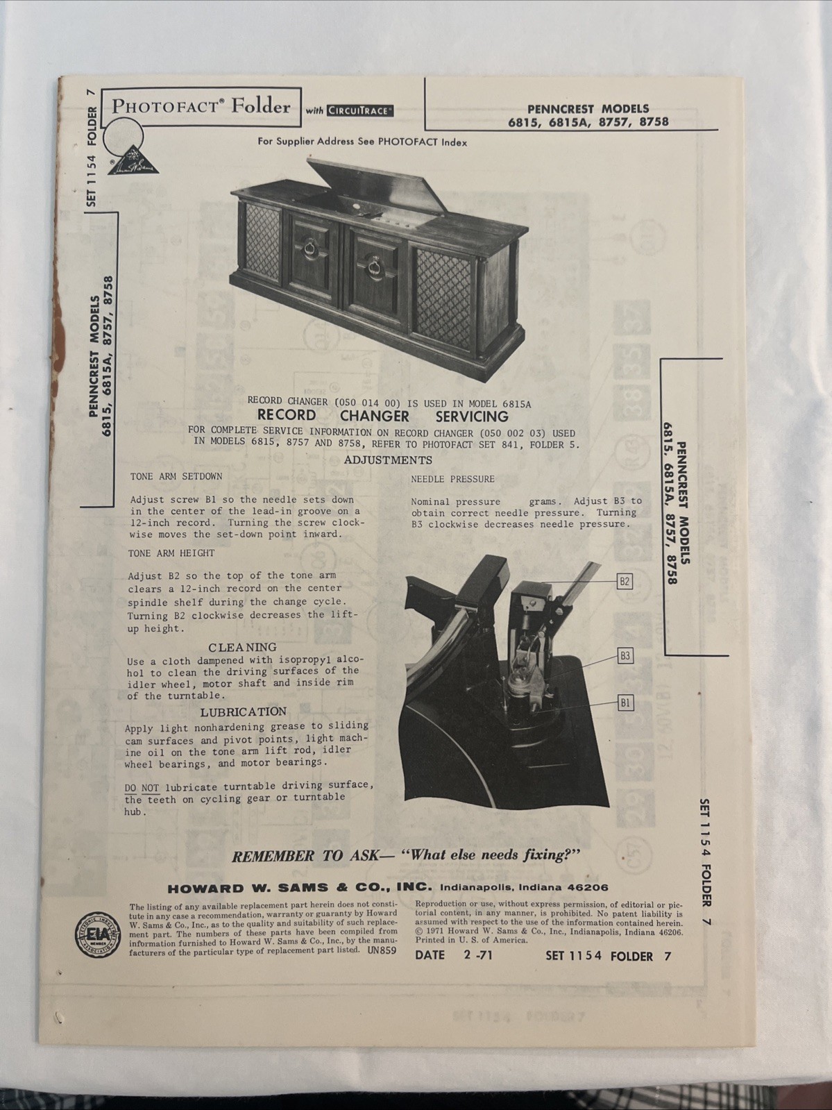 Vintage Sams Photofact Schematic 2-1971 PENNCREST MODELS 6815,6815A, 8757,8758