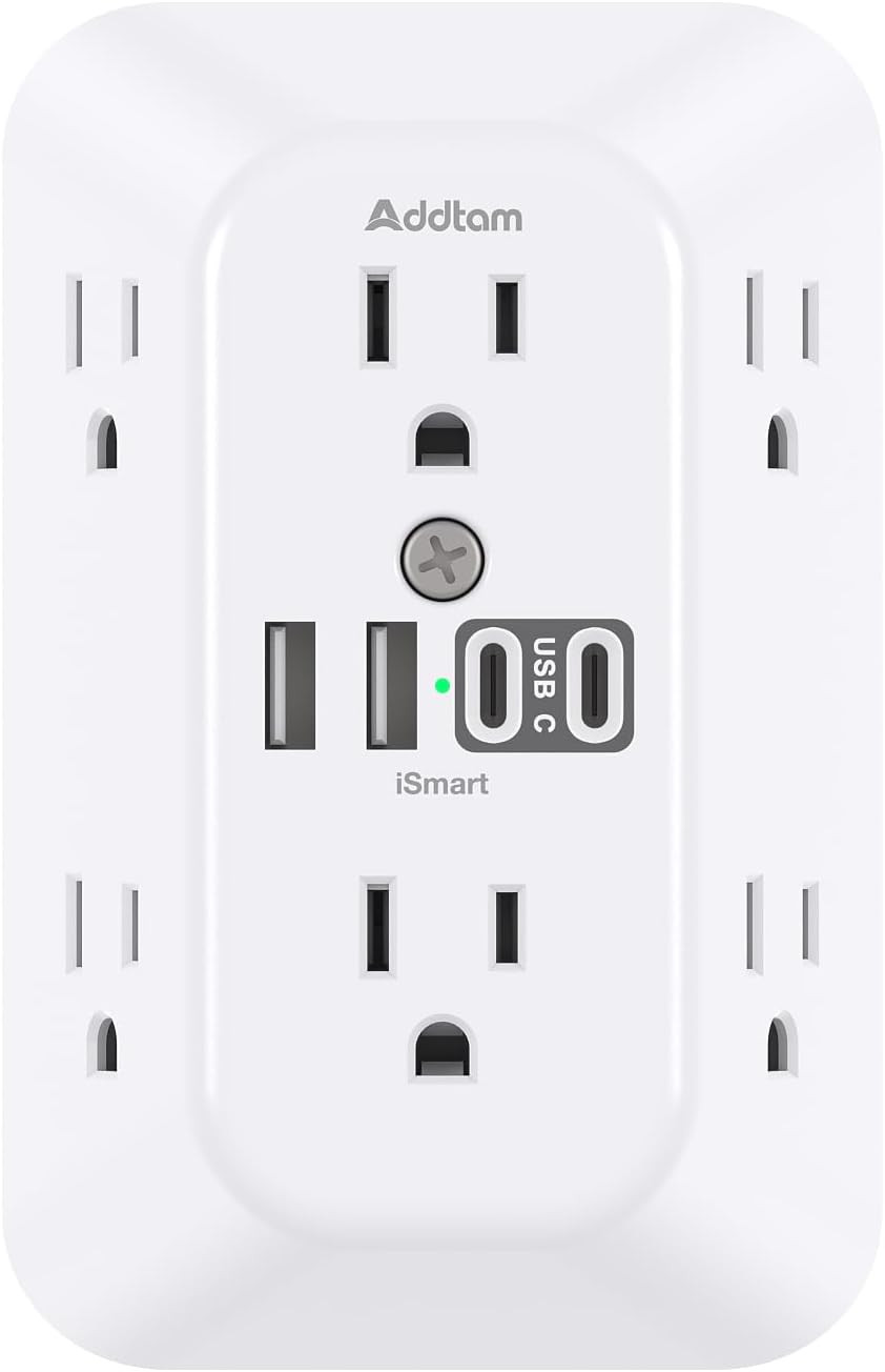 Addtam Surge Protector Outlet Extender, 6-Outlet Splitter with 4 USB Wall Charge