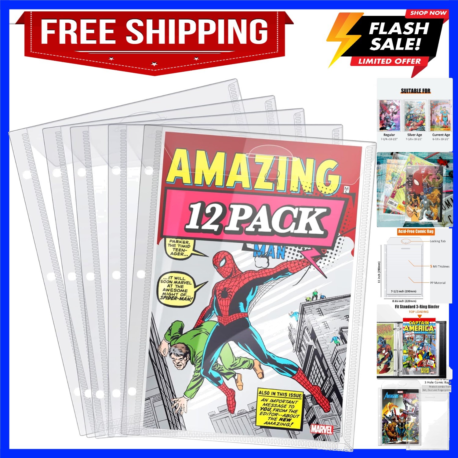 Comic Book Bags, Binder Sleeves for Comic Books, 12 Pack Comics Protector Bags