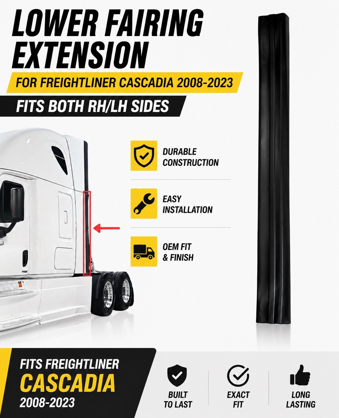 Rear Lower Cab Fairing Extension for 2008–2023 Freightliner Cascadia Driver Side