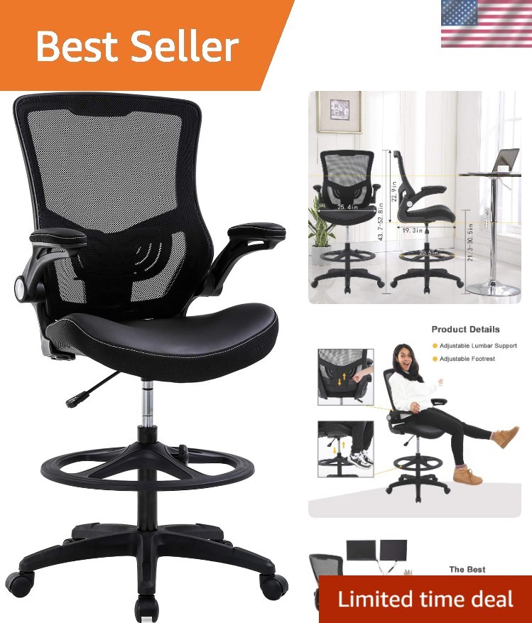 Tall Drafting Office Chair with Back Support & Foot Rest - Mesh and Faux Leather