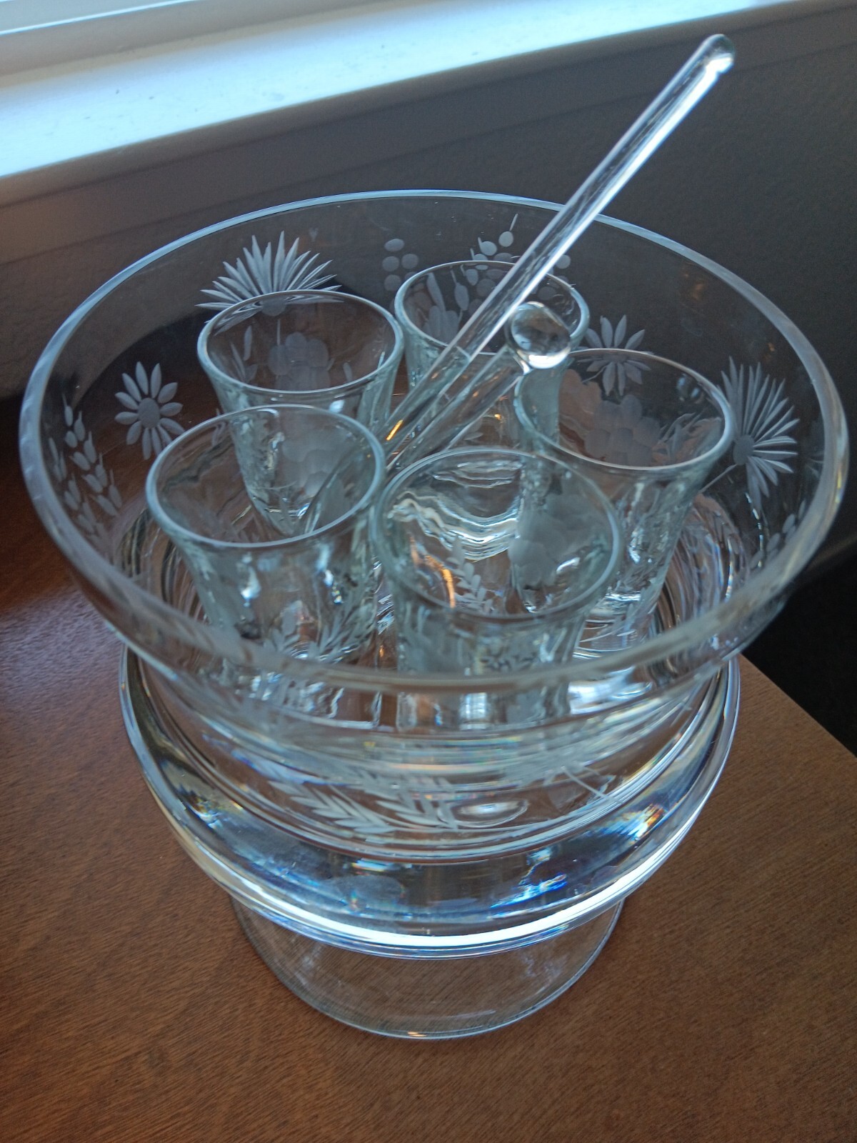 Set of 5 glass etched shot glasses with a glass etched bowl on a stand