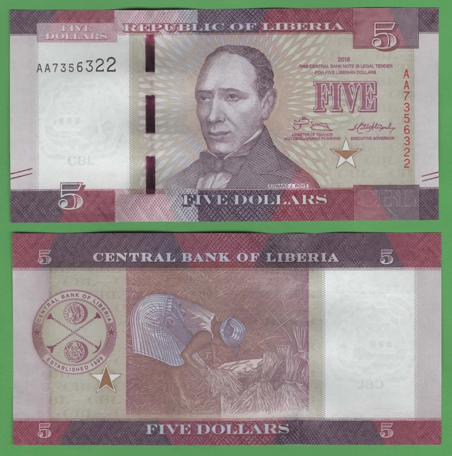 Liberia 5 Dollars 2016 UNC • P‑31a • Edward James Roye • Rice Harvest • Africa