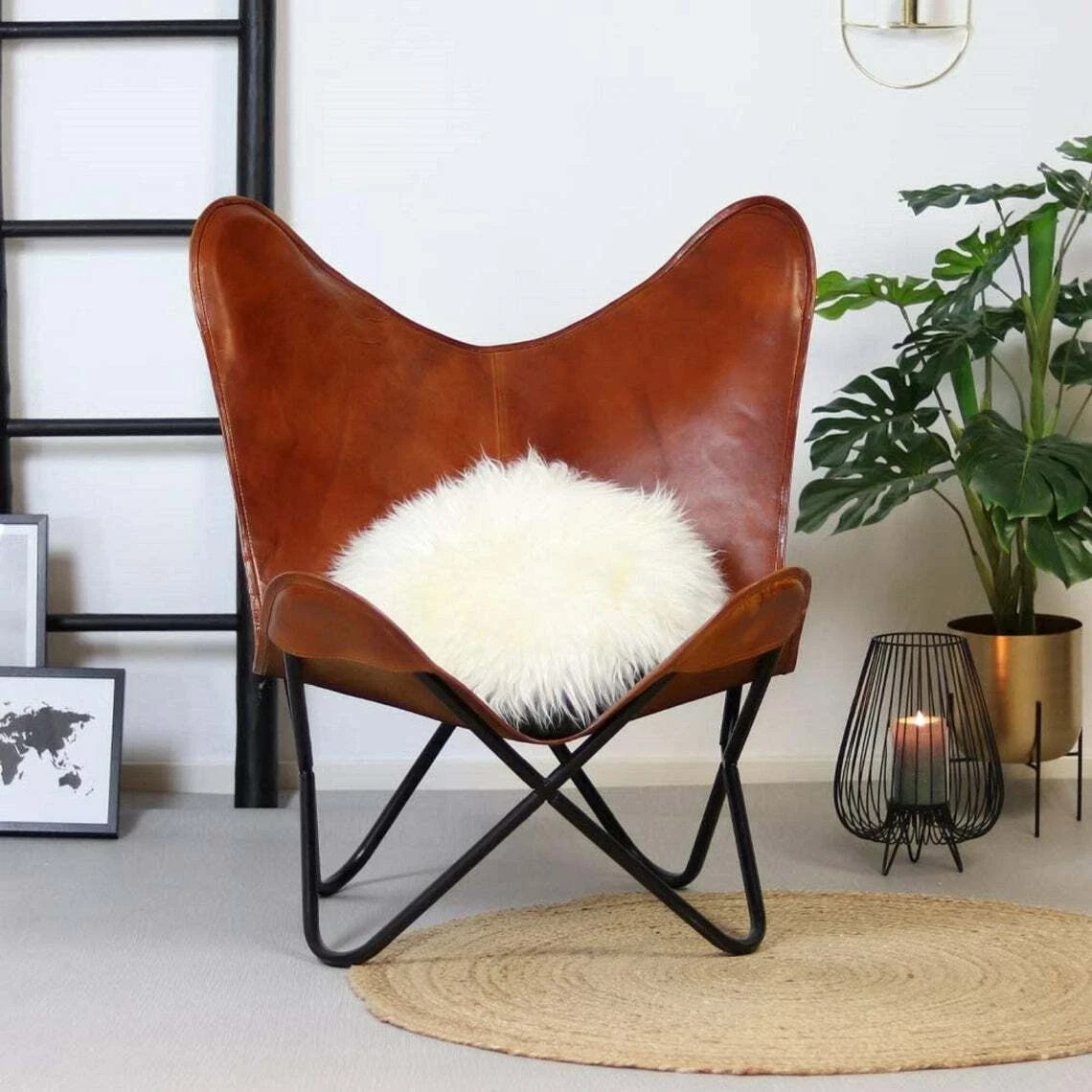 Handcrafted Leather Butterfly Chair Foldable Accent Chair Rustic Boho Seat