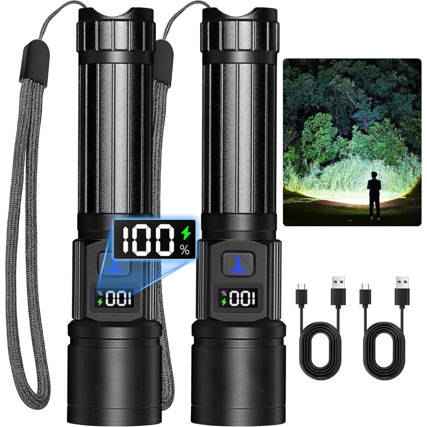 2 Pack Rechargeable Flashlights High Lumens LED Flash Light LCD Display 5 Mode
