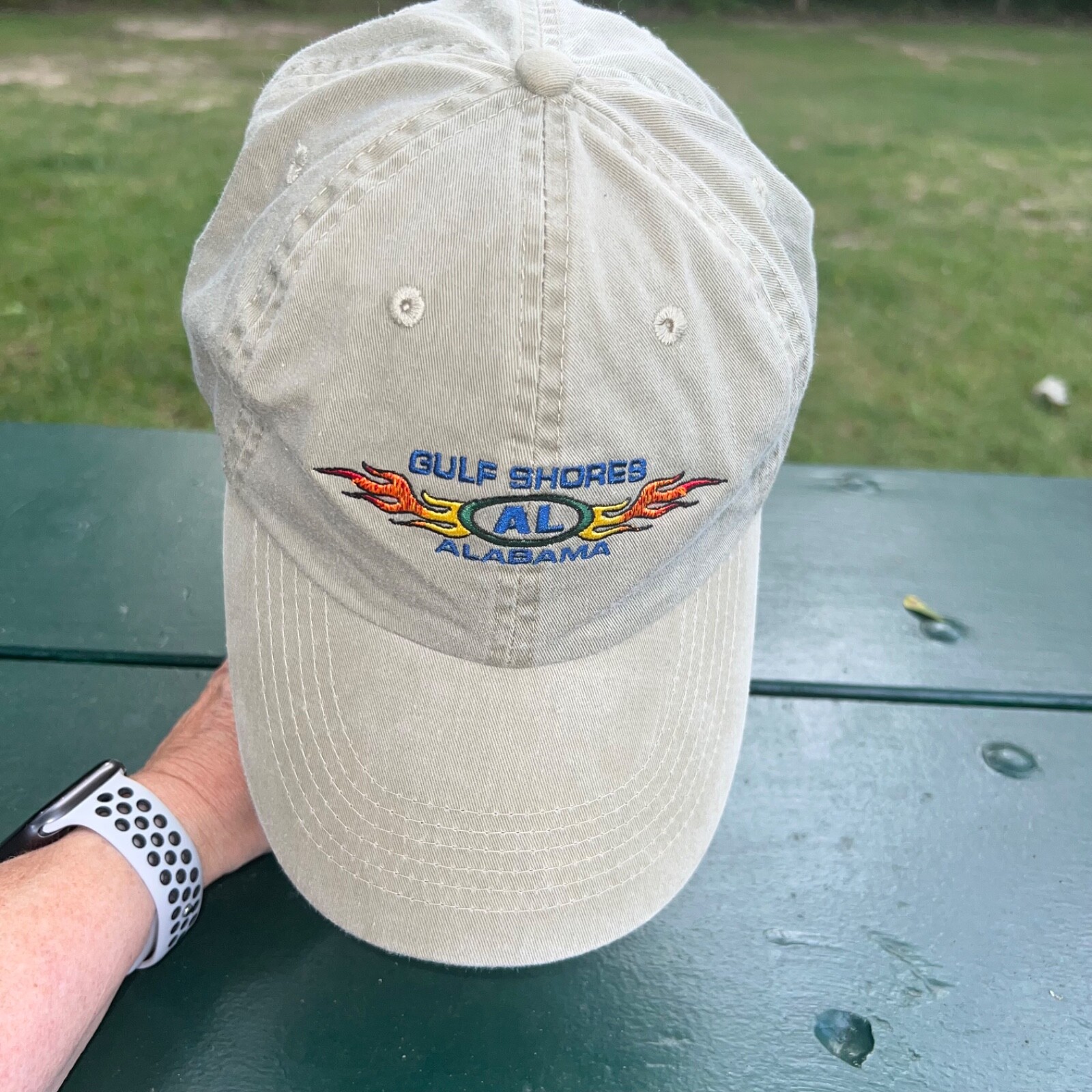 Gulf Shores Alabama w Flames on Light Green Hat Cap Hook Loop EUC